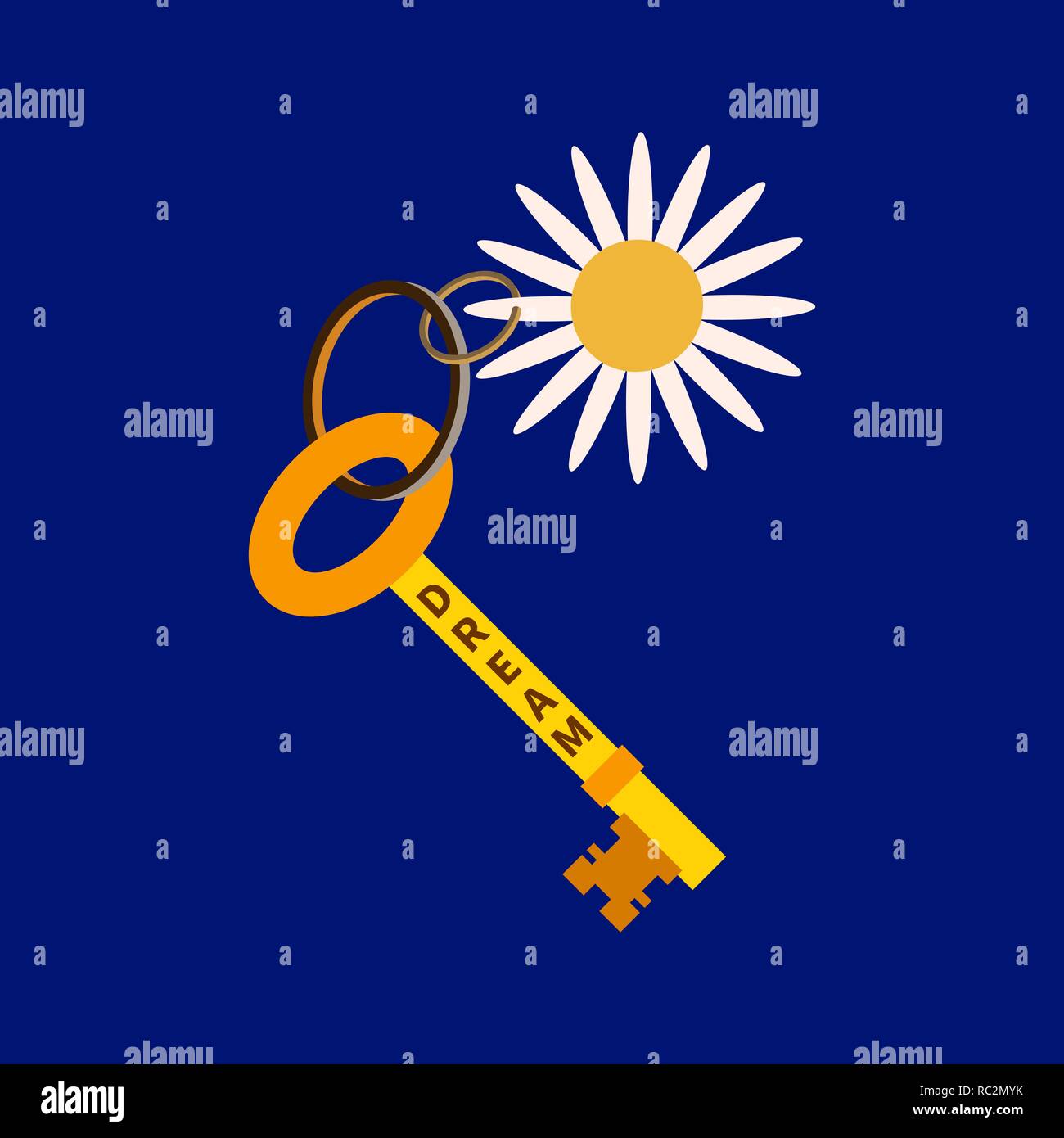 Vettore illustrazione piana. Chiave con un'iscrizione sogno, un anello e un portachiavi daisy. Il simbolo alla moda per le imprese di costruzione, immobiliare affitto, in Illustrazione Vettoriale