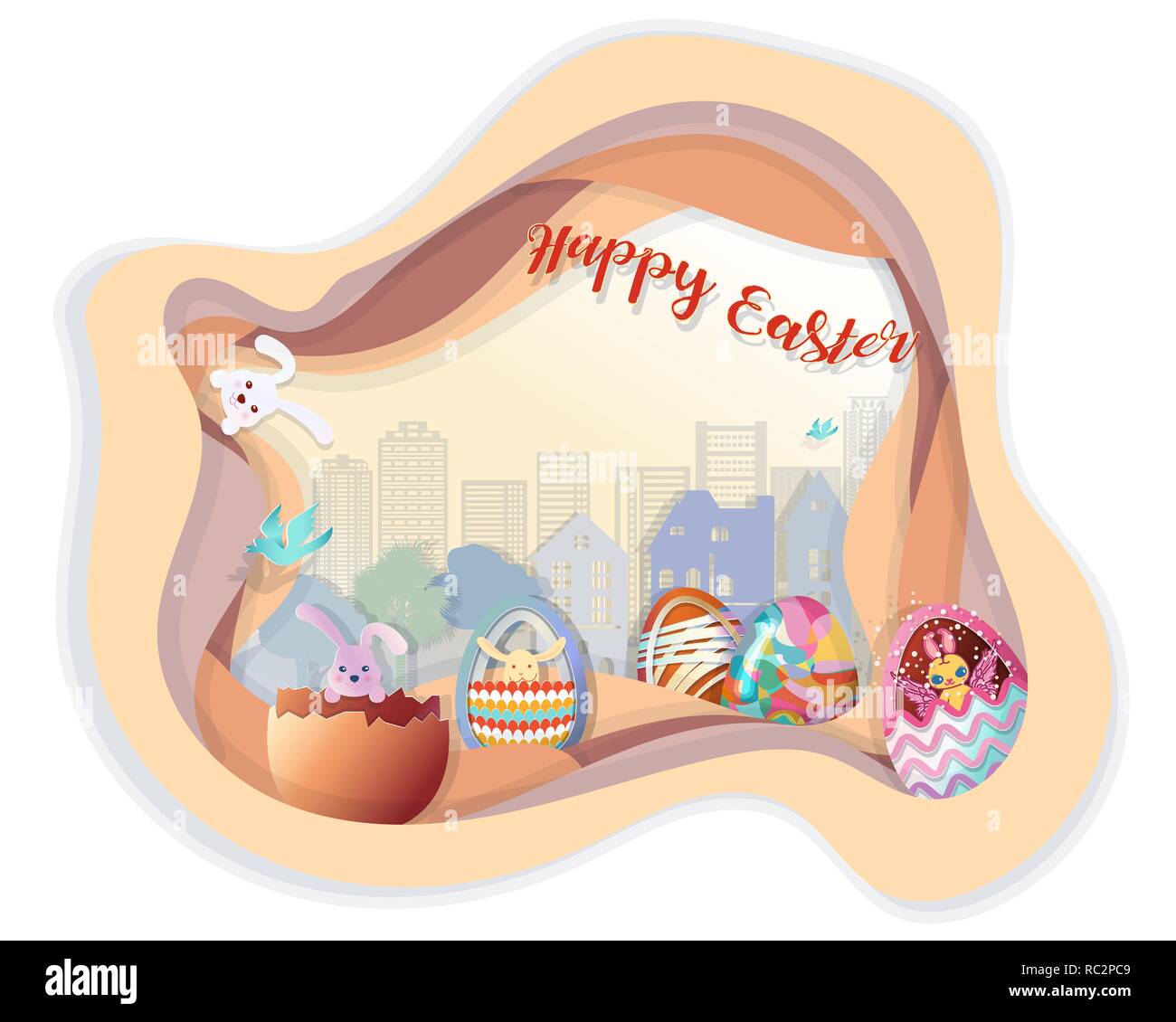 Felice Pasqua con set di uova di pasqua in fase di terra con fila di alberi e di costruire in background, carta stile arte, illustrazione vettoriale. Illustrazione Vettoriale