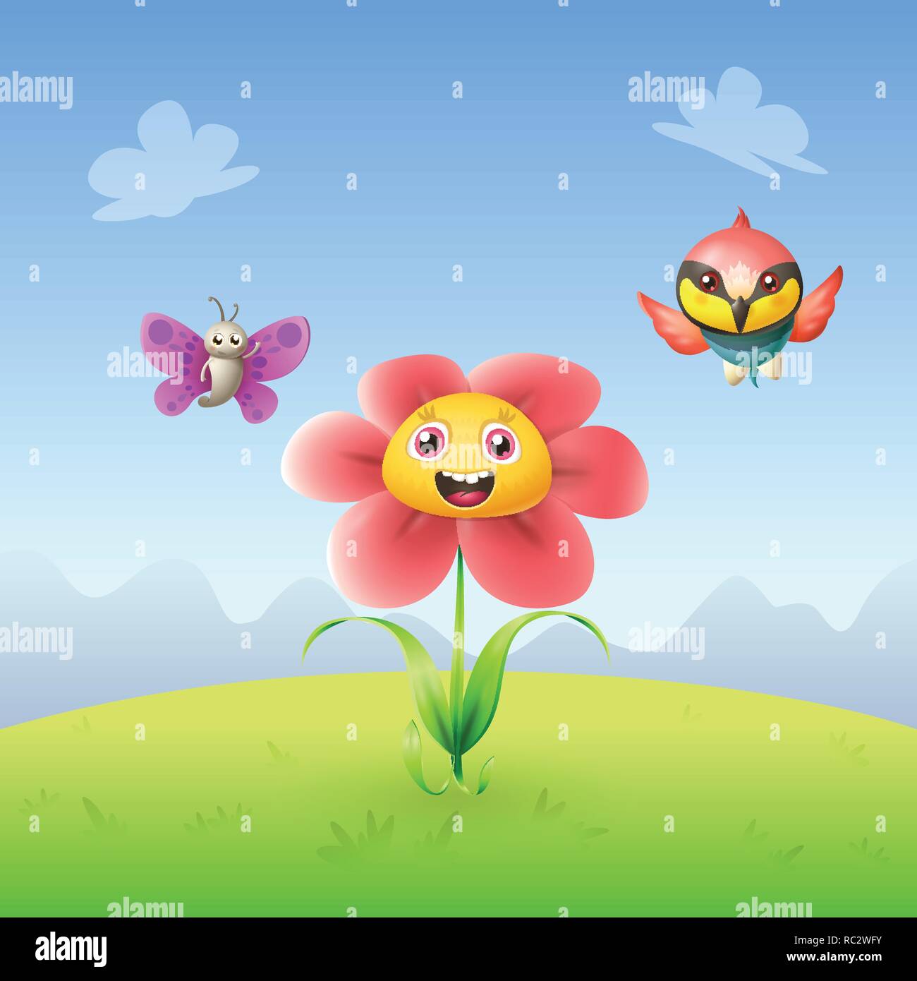 Fiori e farfalle gruccione bird celebrare la primavera su sfondo del paesaggio Illustrazione Vettoriale