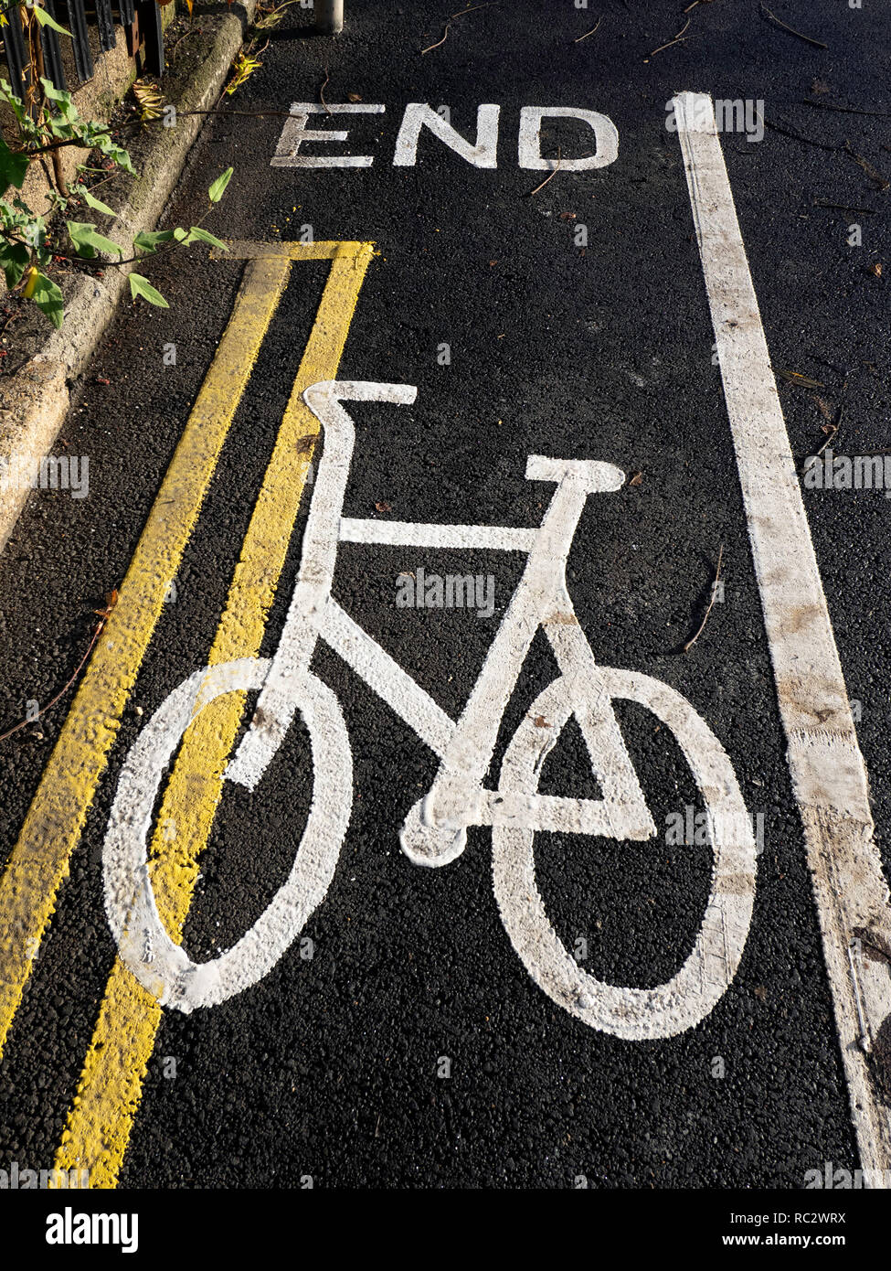 Pista ciclabile la segnaletica stradale accanto a una doppia linea gialla contrassegnata fine Foto Stock