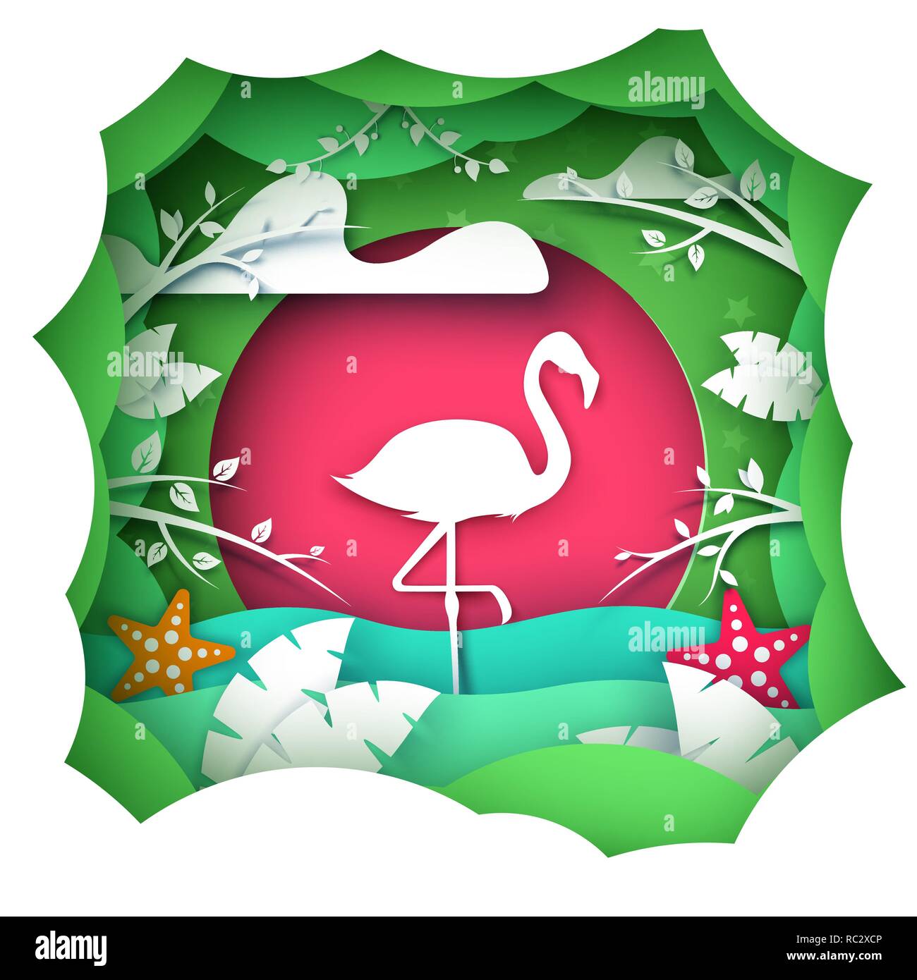 Carta cartone animato paesaggio. flamingo caratteri. Illustrazione Vettoriale