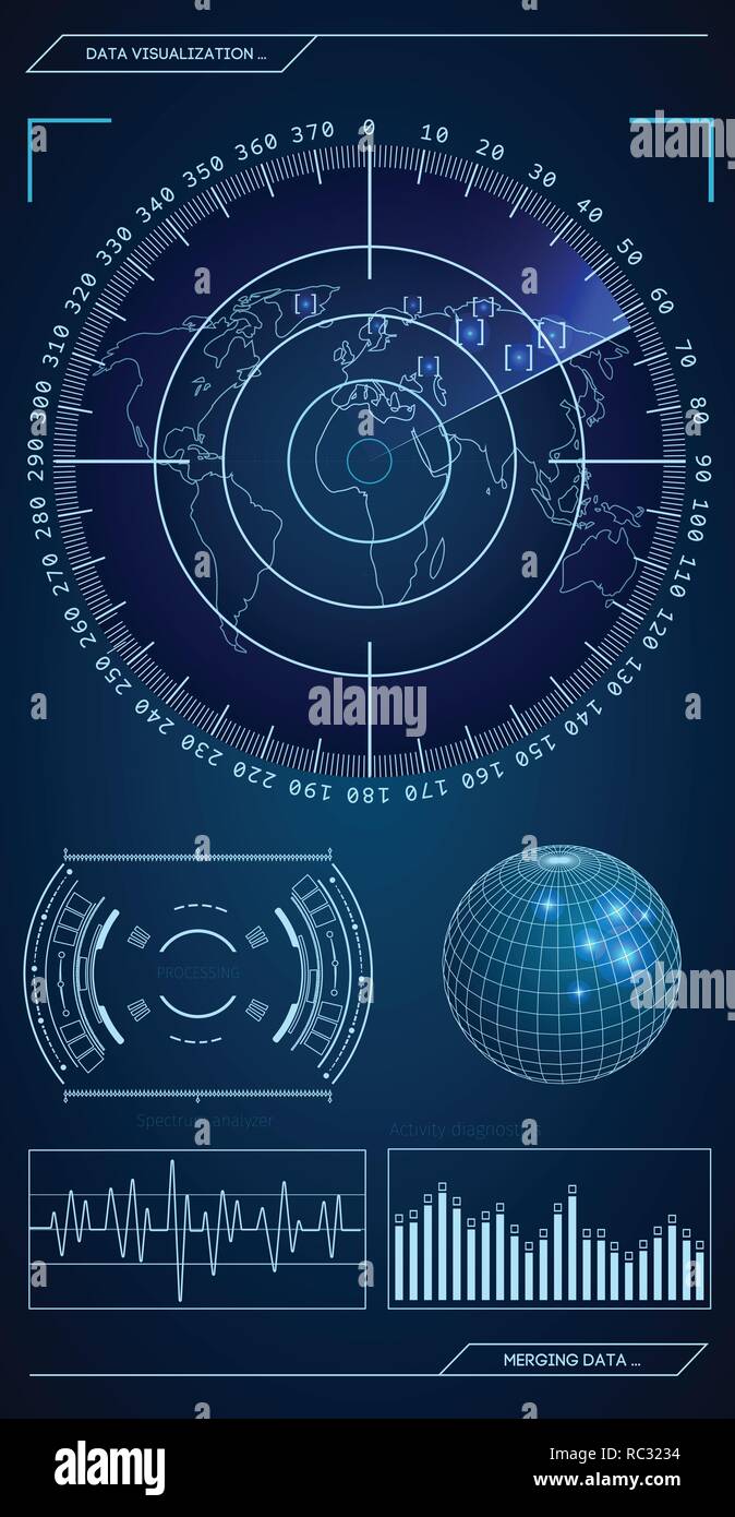 Militari radar di blu. Schermo con target. Futuristico interfaccia HUD. Stock illustrazione vettoriale. Illustrazione Vettoriale