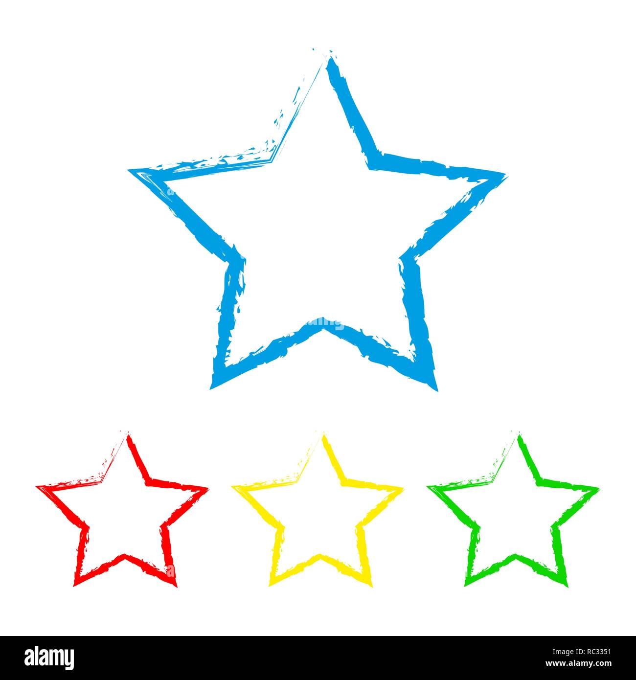 Abstract icona a forma di stella in mano stile disegnato. Set di stelle colorate, isolato su sfondo bianco. Illustrazione Vettoriale. Illustrazione Vettoriale