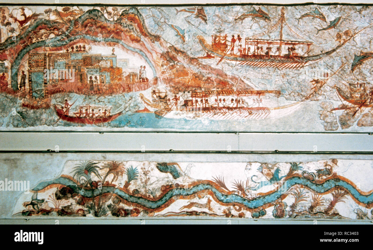 Arte minoica Isole Cicladi. Spedizione navale. Fresh datata c.1550-1500 B.C. Si tratta di Akrotiri. Santorini. Museo Nazionale di Atene. Foto Stock