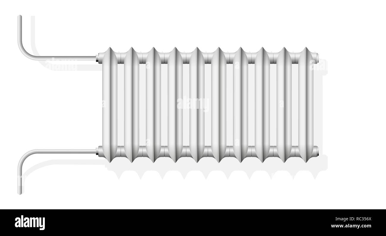 In ghisa riscaldamento centrale radiatore nell'appartamento. Radiatore bianco sulla parete. Sguardo realistico.Copia dello spazio. Illustrazione Vettoriale