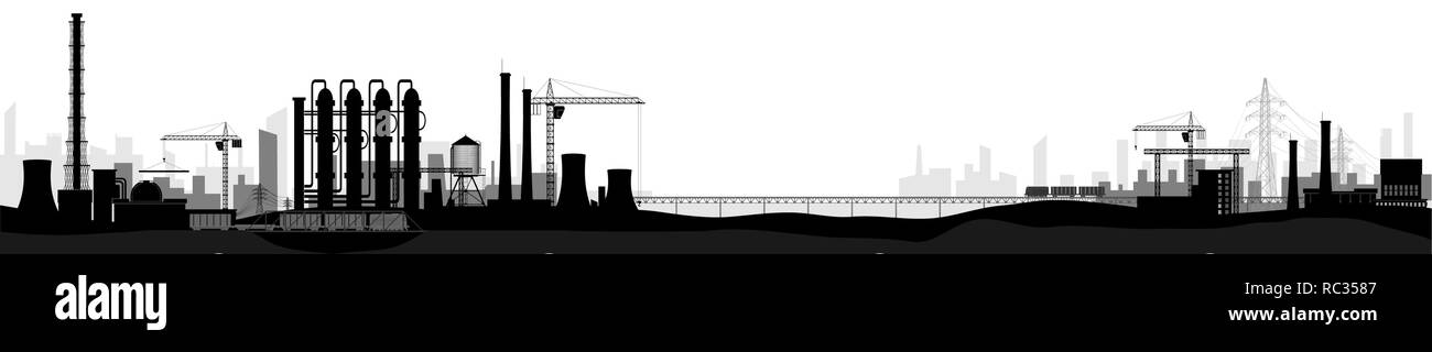 Industriali o di paesaggio in fabbrica. In orizzontale ampia vista. Immagine in bianco e nero Illustrazione Vettoriale