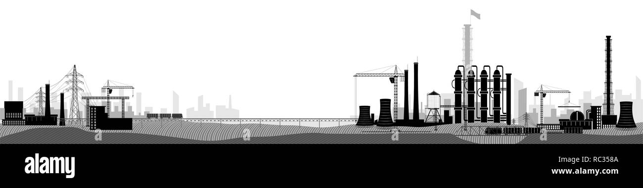 Industriali o di paesaggio in fabbrica. In orizzontale ampia vista. Immagine in bianco e nero Illustrazione Vettoriale