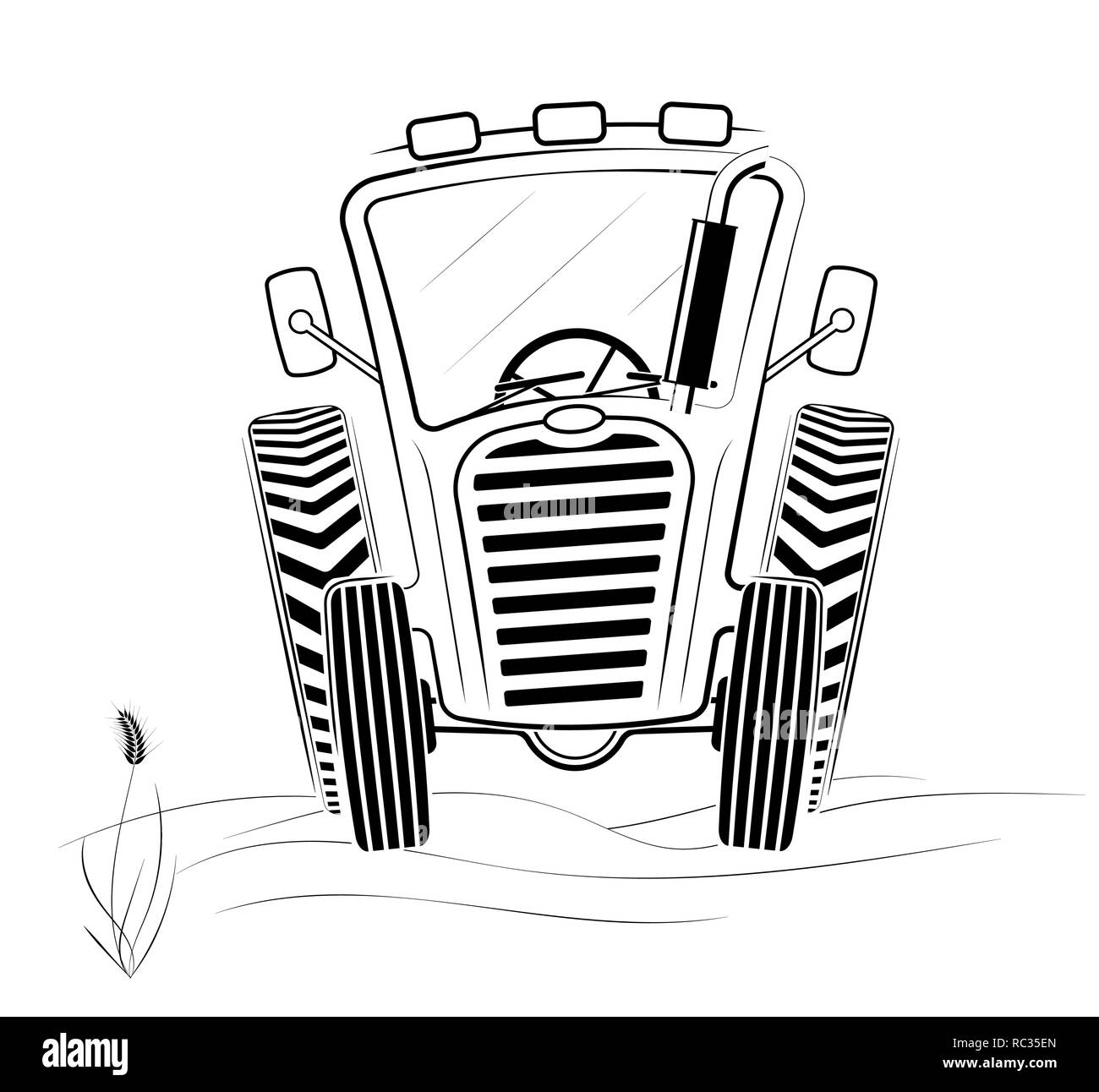 Bianco e nero profilo del trattore nel campo. Un simpatico disegno. Molla il lavoro o la raccolta. Sfondo bianco. Illustrazione Vettoriale