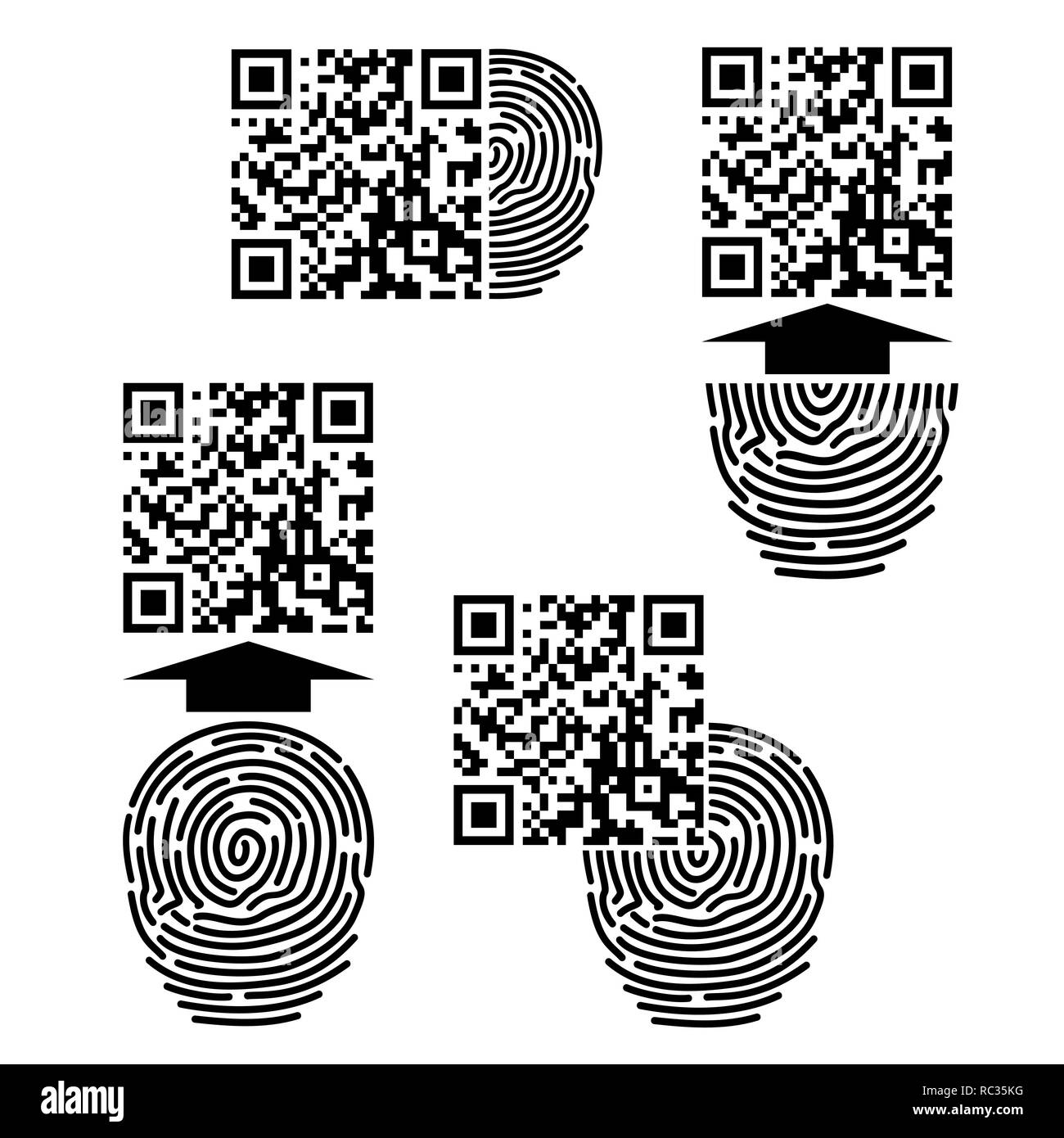 Vettore isolato nero di impronte digitali e il codice QR su sfondo bianco Illustrazione Vettoriale