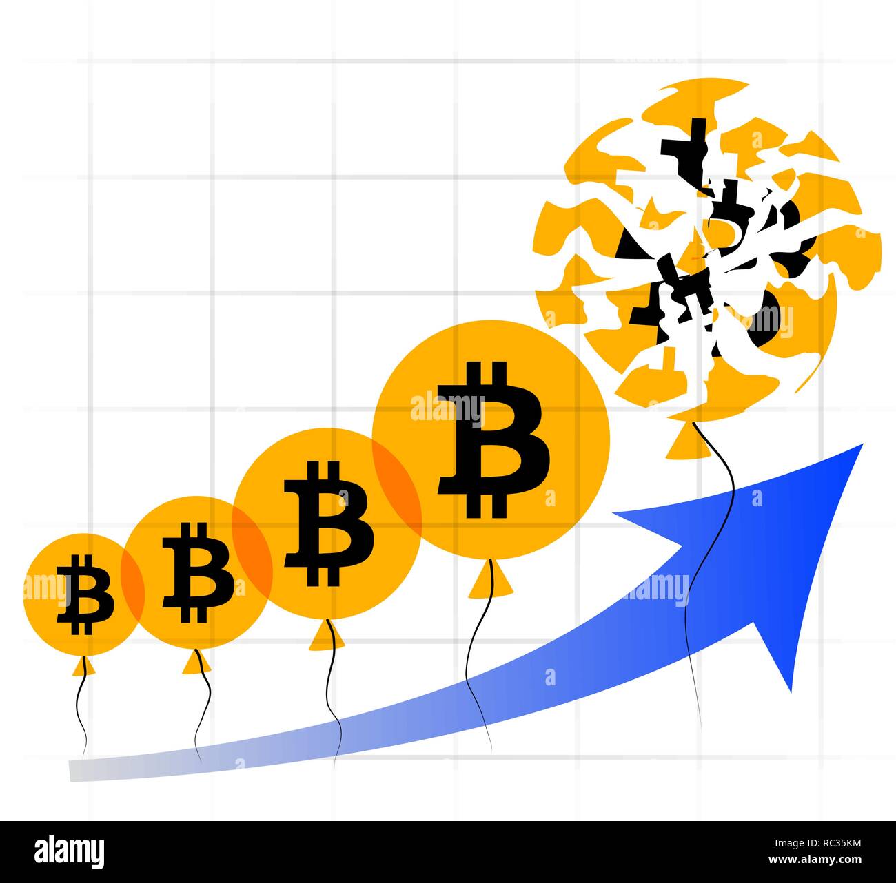 Il grafico del crescente costo di bitcoin. Palloncini aumentano di dimensione. Di conseguenza, la sfera burst. Illustrazione Vettoriale