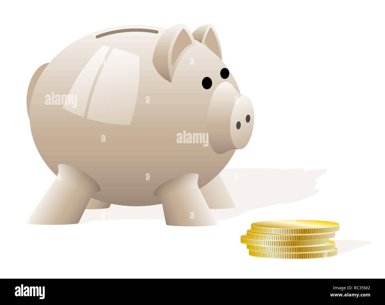 Una luce di maiale beige salvadanaio su uno sfondo bianco. Accumulo di denaro. Investimenti finanziari. Notizie su banking. Illustrazione Vettoriale