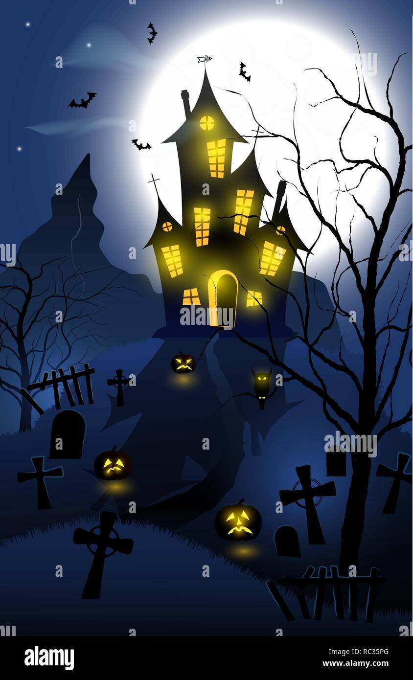 Sfondo di Halloween con Haunted House, tombe, la foresta e la luna piena Illustrazione Vettoriale