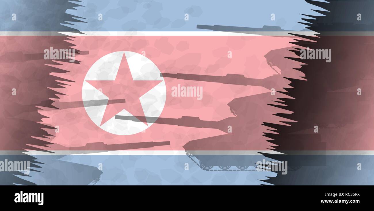 Sagome di serbatoi contro lo sfondo della bandiera della Corea del Nord. Sfondo militare. Conflitto in Asia. Illustrazione Vettoriale