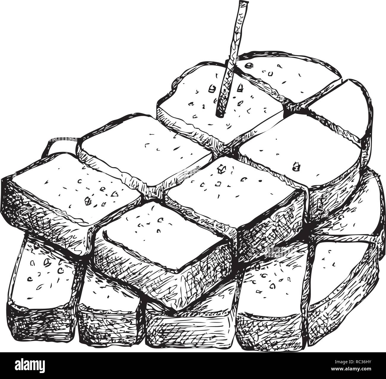 Snack e Dessert, Illustrazione disegnata a mano lo schizzo di deliziosi piatti fatti in casa pane appena sfornato o toast isolati su sfondo bianco. Illustrazione Vettoriale