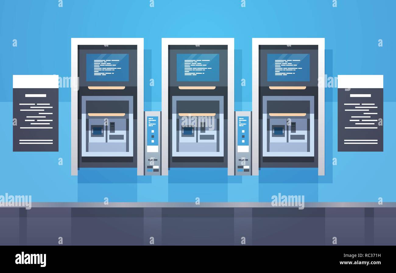 Da ATM Bancomat terminali di pagamento bancario icona attrezzature per prelevare e trasferire denaro piana orizzontale illustrazione vettoriale Illustrazione Vettoriale