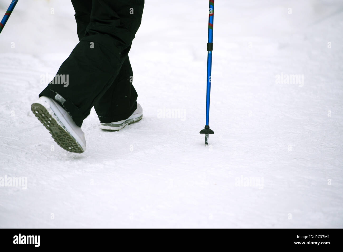 Il nordic walking in inverno, donna gambe e bastoni da passeggio nella neve. sport Foto Stock