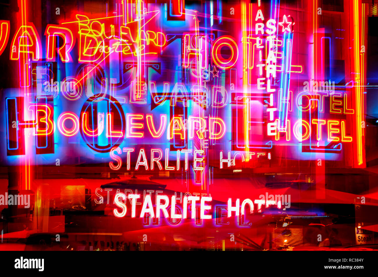 Hotel segni in astratto collage South Beach di Miami, Florida, Stati Uniti d'America Foto Stock