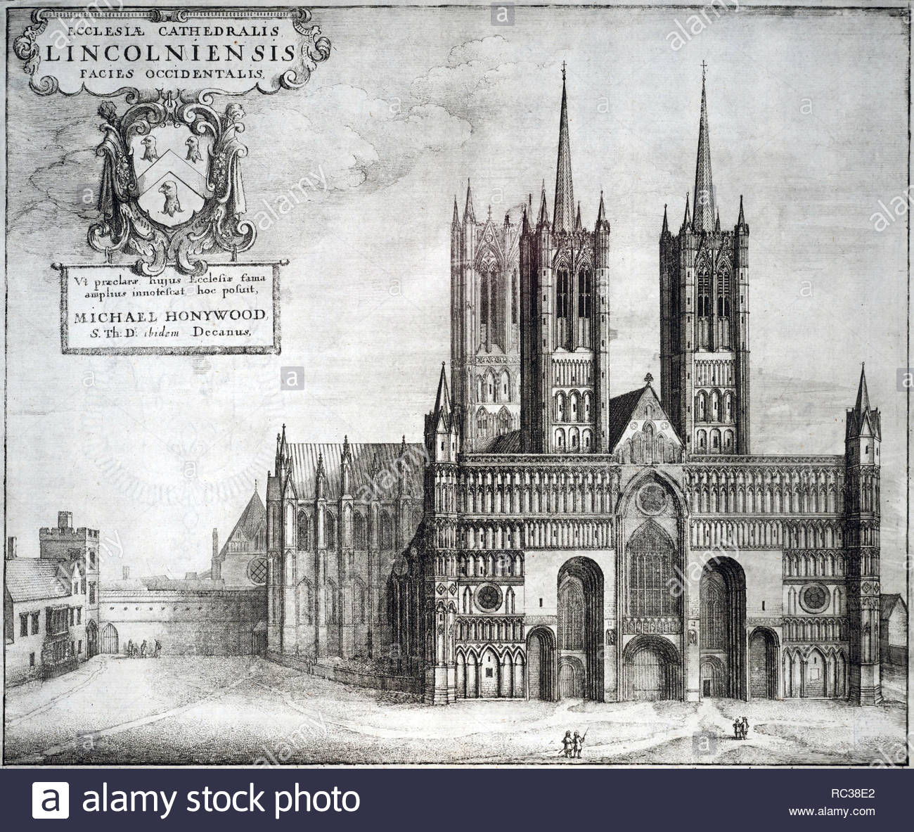 Cattedrale di Lincoln da ovest, Inghilterra, attacco da incisore boemo Wenceslaus Hollar da 1600s Foto Stock