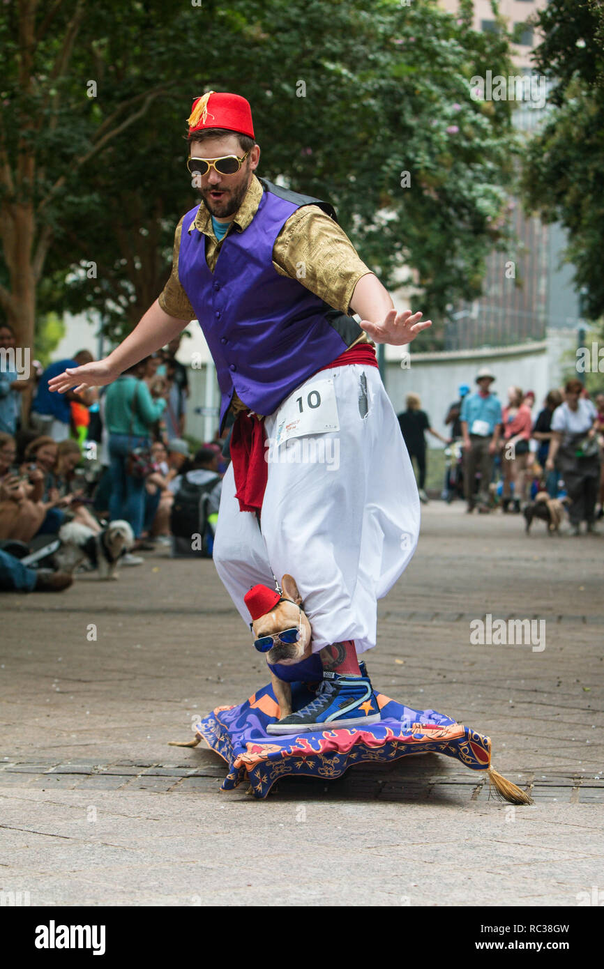 Un cane in costume corre con il suo proprietario su uno skateboard  motorizzato fatto per assomigliare ad Aladdin's tappeto volante a Doggy con  un cane di costume contest in Atlanta Foto stock -