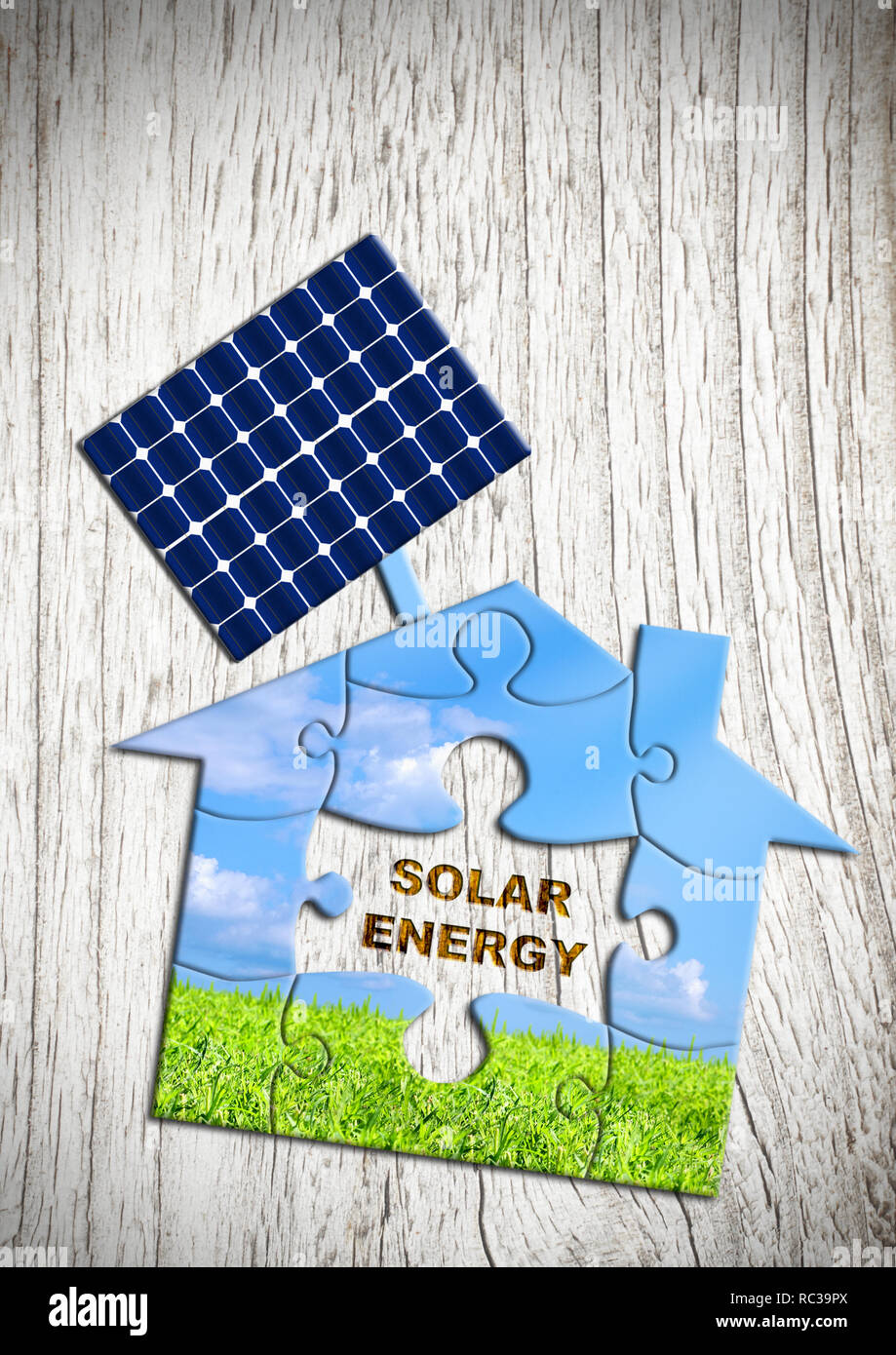 Energia solare concetto, puzzle house con batteria solare, spazio di copia Foto Stock