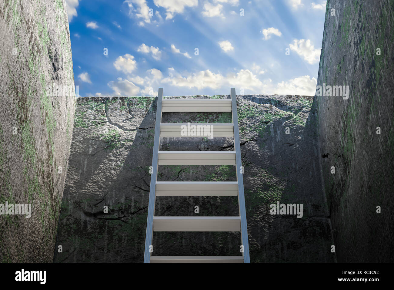 Scaletta dalla fossa, strategia e concetto di soluzione. Il rendering 3D Foto Stock Scaletta dalla fossa, strategia e concetto di soluzione. Il rendering 3D Foto Stock