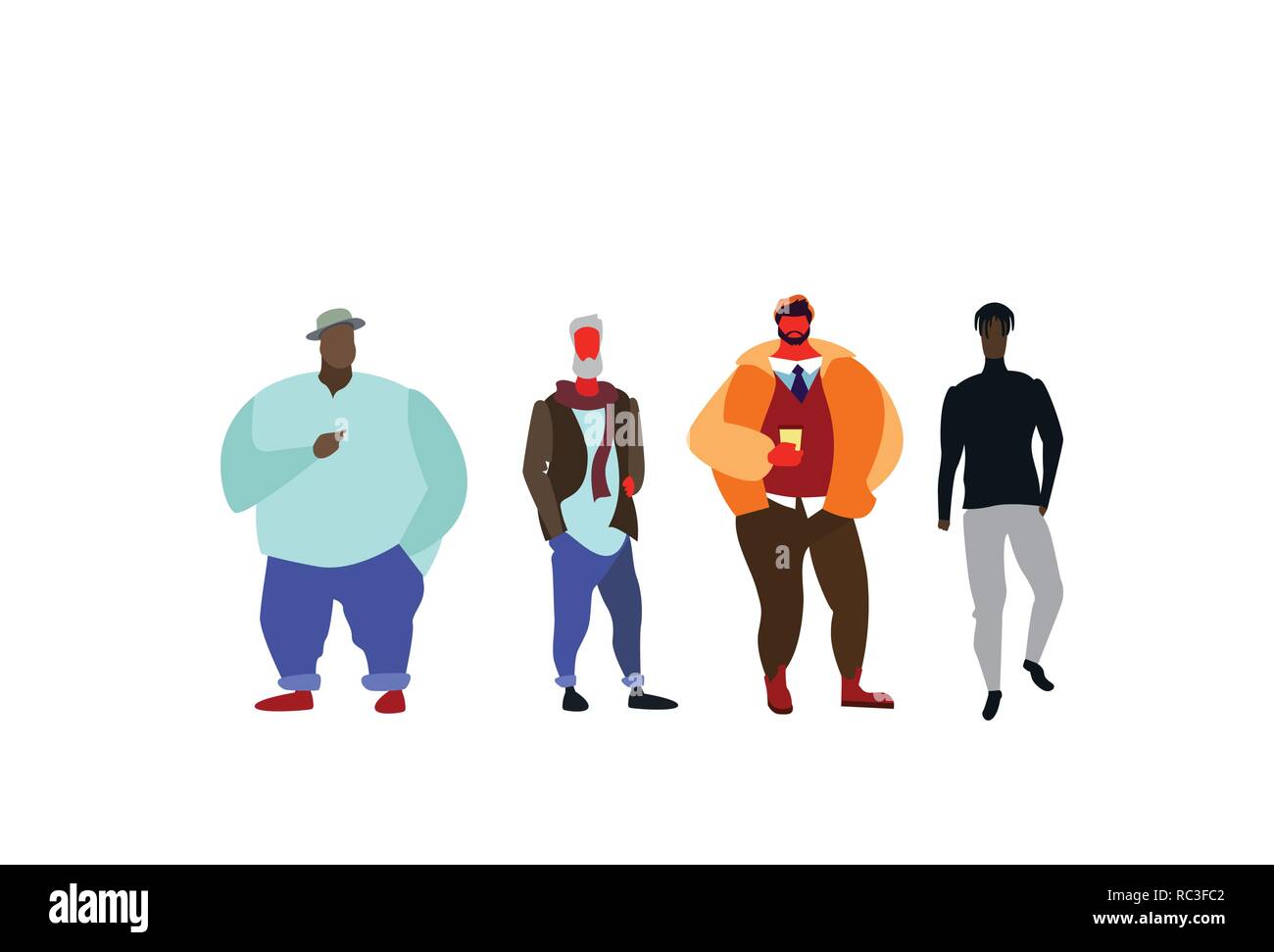 Gruppo gara mix di persone in piedi insieme informale a lunghezza piena di sesso maschile i personaggi dei cartoni animati piana orizzontale isolato Illustrazione Vettoriale