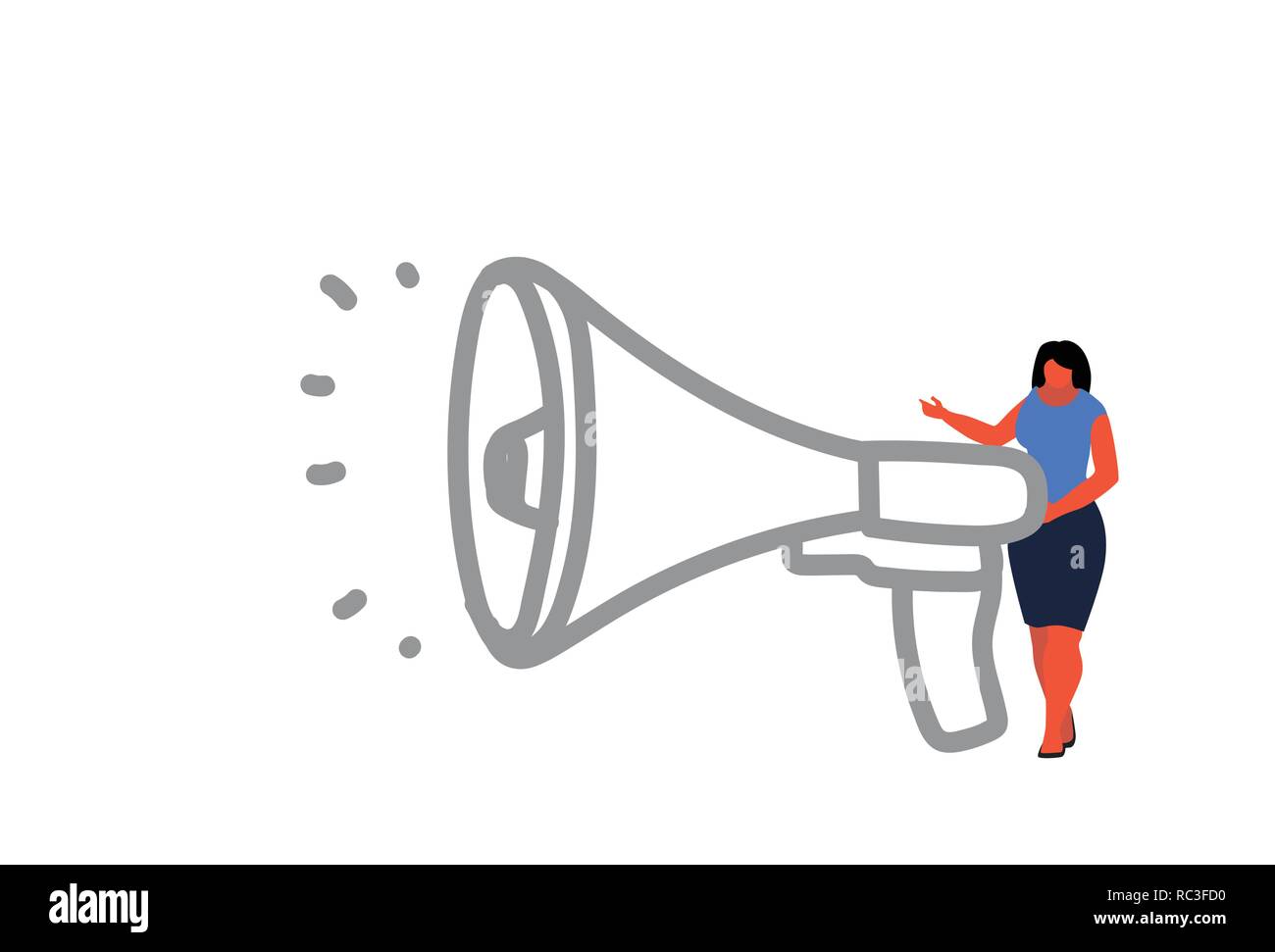 Imprenditrice azienda megafono altoparlante business donna annunciatore digital marketing concetto femmina personaggio dei cartoni animati a piena lunghezza schizzo doodle isolato Illustrazione Vettoriale