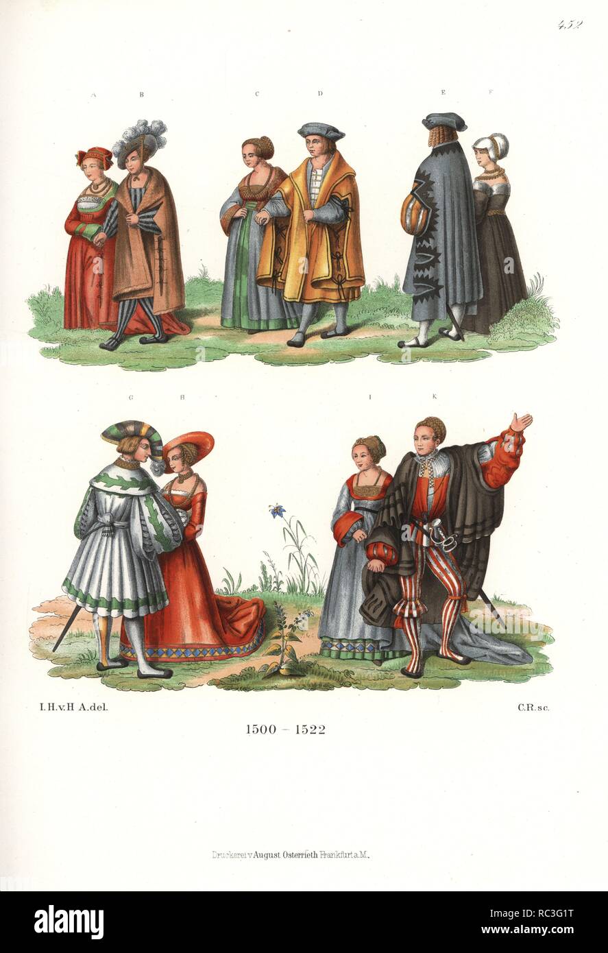 Moda di lusso della nobiltà di Augsburg all'inizio del XVI secolo tra cui Mathaus Schwarz e sua moglie K,I. Dai dipinti su pergamena tenuto in un ambiente di stampa a Berlino. Chromolithograph da Hefner-Alteneck 'costumi, opere d arte e di apparecchi dal Medioevo al XVII secolo", Francoforte, 1889. Illustrazione dal dottor Jakob Heinrich von Hefner-Alteneck, litografata dal C. Regnier. Il dott. Hefner-Alteneck (1811 - 1903) era un museo tedesco curatore, archeologo, storico dell'arte, illustratore e incisore. Foto Stock