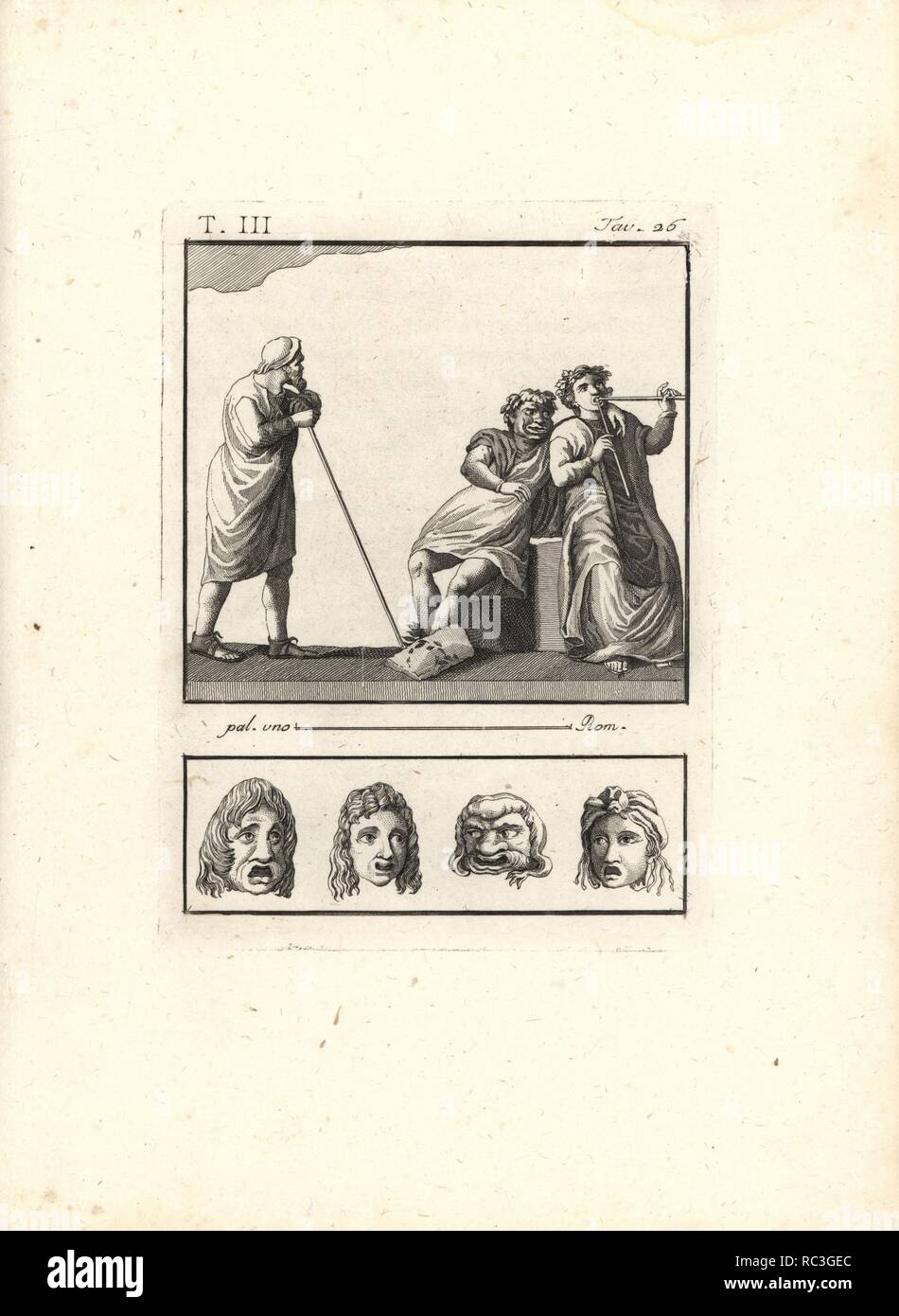 Scena di una commedia. Un vecchio uomo si appoggia su un personale come due musicisti in maschere di fumetti giocare su una tibia flauto e cantare, forse da un intermezzo. Vignette di due maschere tragiche, una maschera di fumetti e una maschera di pianto. Incisione su rame di Tommaso Piroli dalla sua Antichità di Ercolano (Antichita di Ercolano), Roma, 1790. Foto Stock