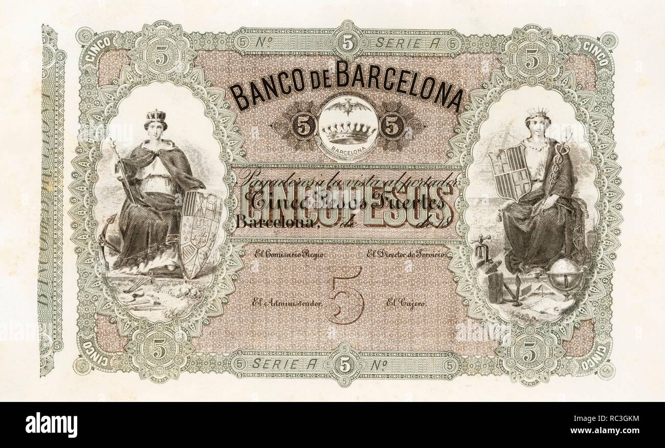 Catalunya. Facsímil de onu billete de 5 pesos fuertes, serie A, Emisión diretto de 1868 por el Banco de Barcelona. Foto Stock
