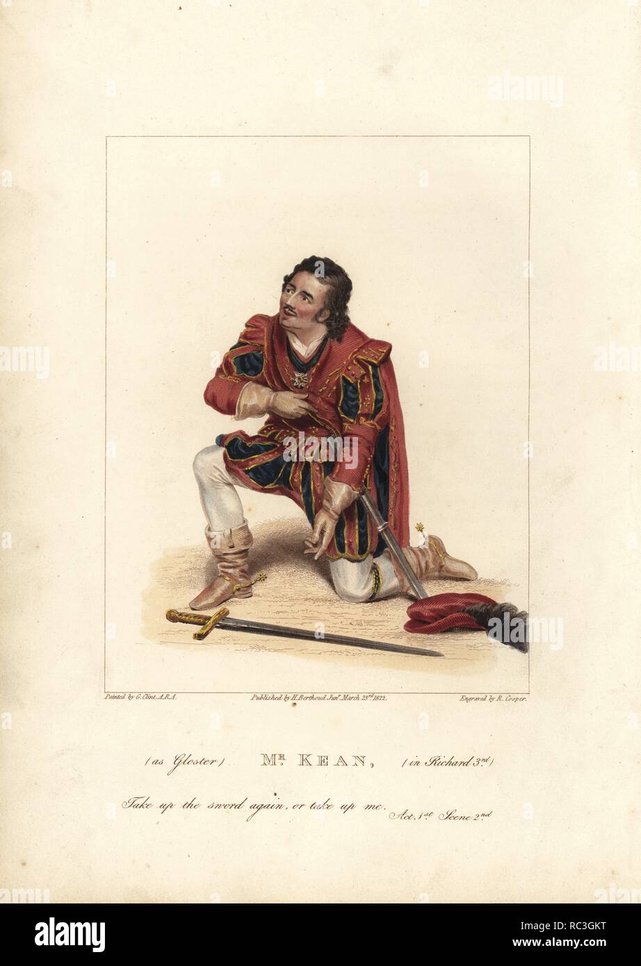 Il sig. Edmund Kean come Richard, duca di Gloucester, più tardi re Richard il terzo, Shakespeare's "Richard III " al Theatre Royal Drury Lane. Imbianchini Handcolored incisione su rame di Robert Cooper dopo un dipinto da George Clint. Da D. Terry 'British Galleria teatrale", Londra, Henry Berthoud Jr., 1825. Foto Stock