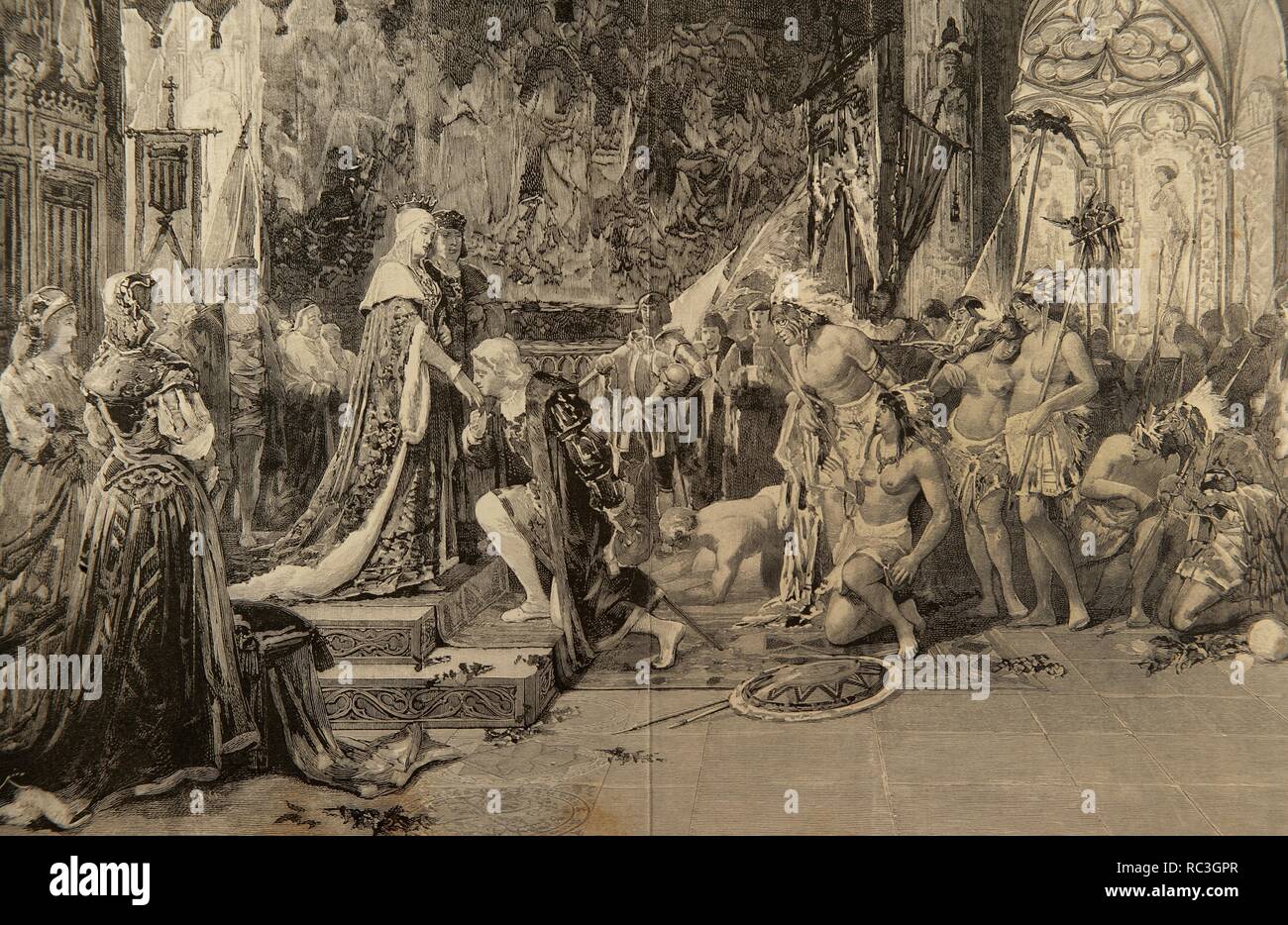 Cristoforo Colombo (1451-1506). Navigatore genovese. Presentazione di Columbus a Ferdinando e Isabella, monarchi cattolici di Barcellona. Incisione di Rico dopo un dipinto di Ricardo Anckermann. La illustrazione artistica. Foto Stock