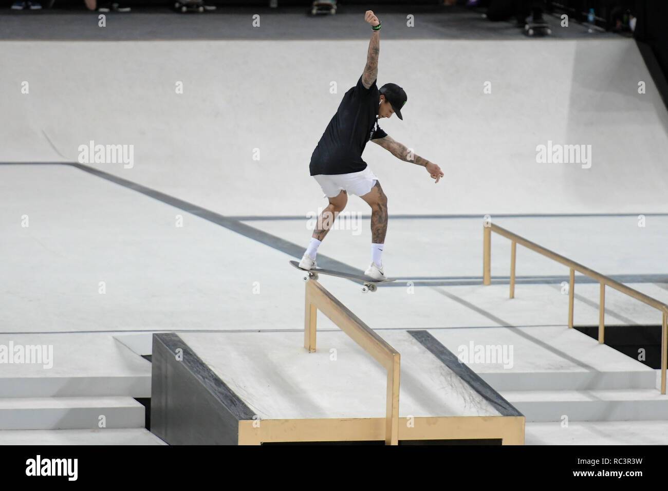 RJ - Rio de Janeiro - 01/13/2019 - Campionato Mondiale SLS nel Campionato del Mondo a Rio de Janeiro - Finali - Nyjah Huston concorrente esegue la manovra durante finale donne della tappa brasiliana della Street League World Championship tenutosi a Arena Carioca 1, Barra da Tijuca Zona ovest di Rio de Janeiro. Rio riceve fino a domenica stadio della Street League, la più grande strada dello skateboard nel campionato del mondo. Lo sport ha guadagnato importanza nel National Sports Arena dopo è diventato uno sport olimpico. Foto: Thiago Ribeiro / AGIF Foto Stock