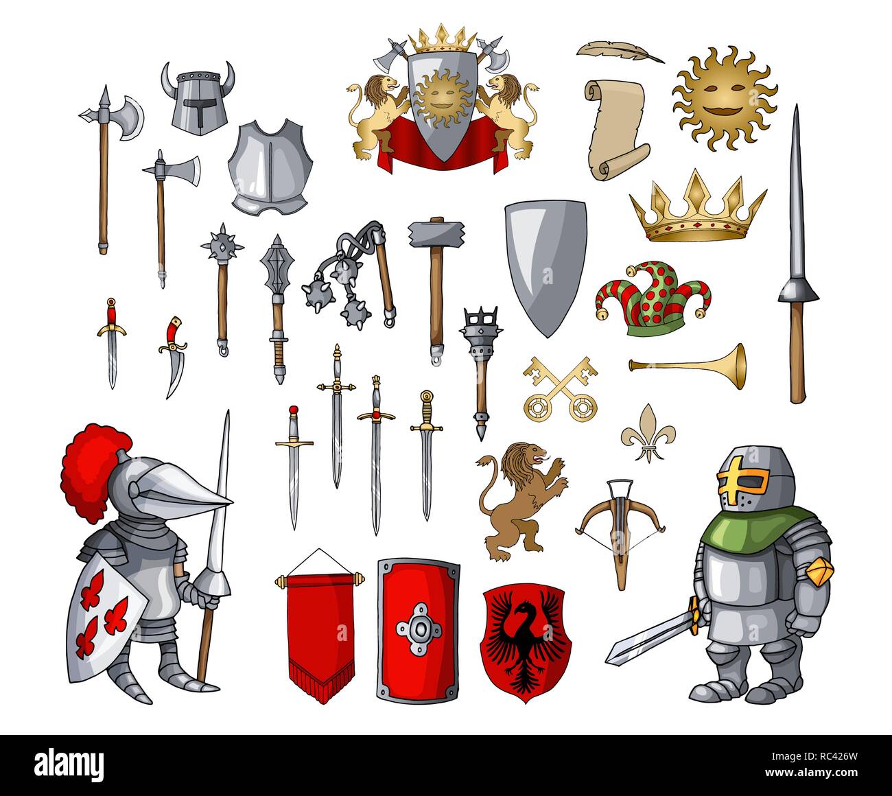 Knight personaggio dei fumetti con gioco di diverse armi medievali set di elementi Illustrazione Vettoriale