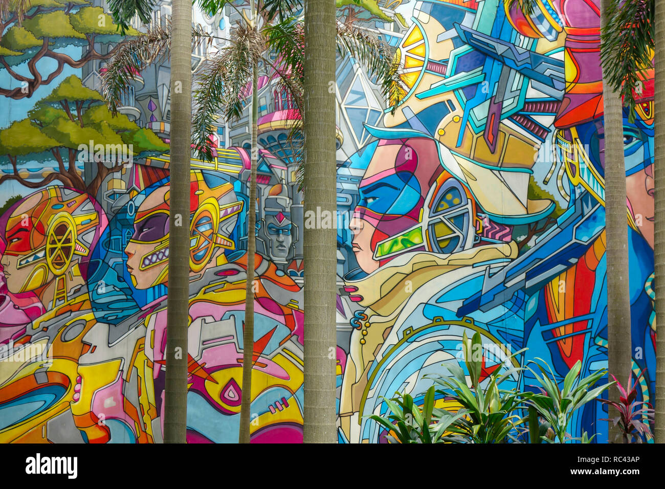 Colorata carta murale. Haji Lane, quartiere arabo, Singapore, Sud-est asiatico. Foto Stock