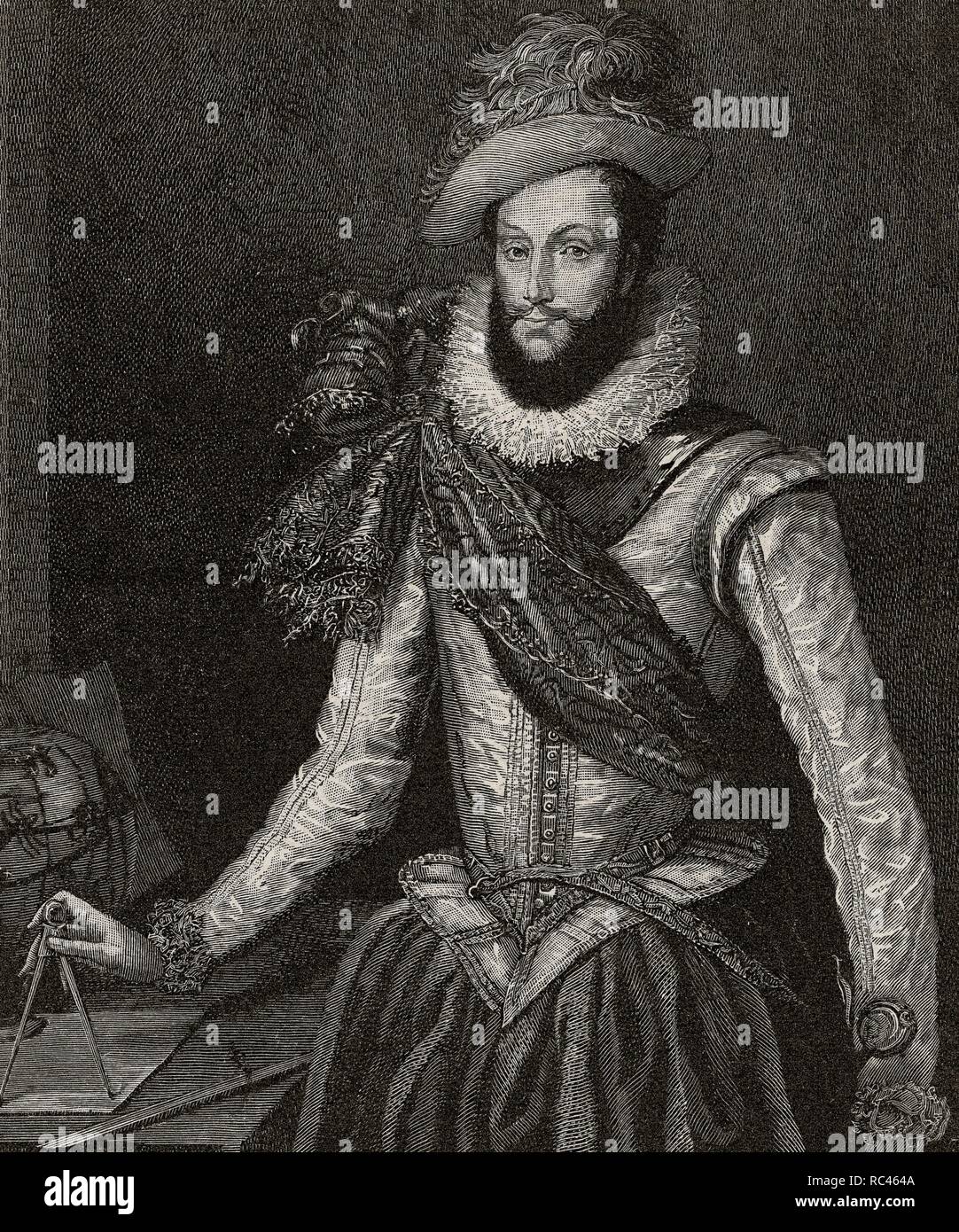 Sir Walter Raleigh (c. 1554-1618). Aristocratico inglese, scrittore, poeta, soldato, cortigiano, spy ed Esplora risorse. Incisione in " El Mundo Ilustrado', 1880. Foto Stock