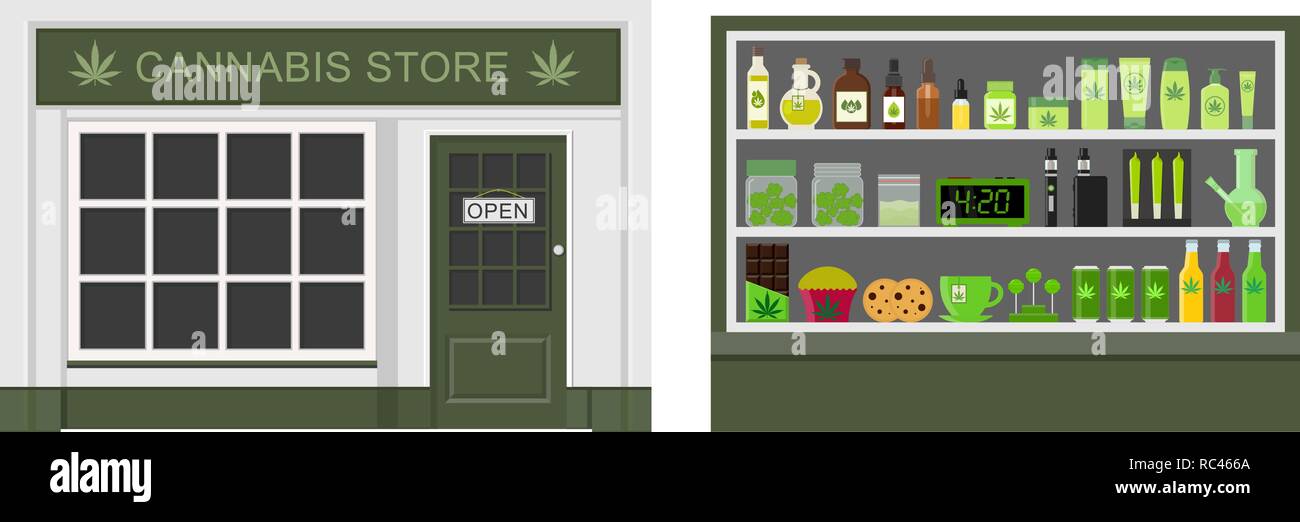 La Cannabis store. La marijuana e accessori per fumatori, memorizzando la cannabis medica. Prodotti di marijuana. La legalizzazione della marijuana. Vettore isolato Illustrazione Vettoriale