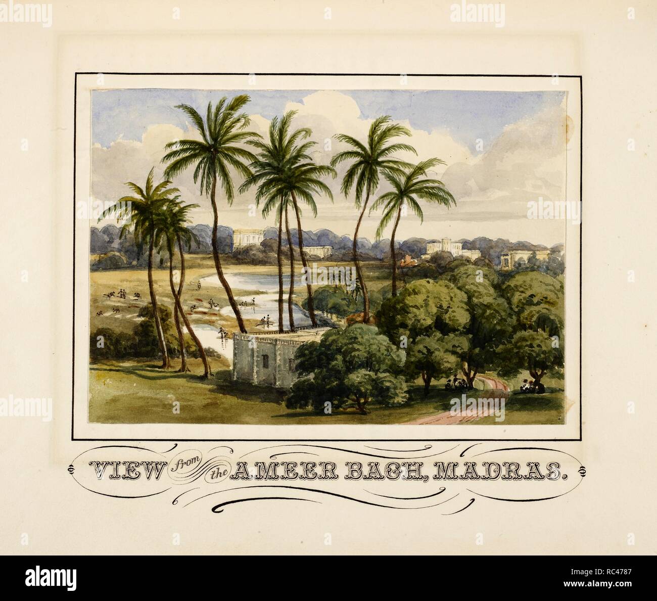 Vista dalla Ameer Bagh, Madras. c. 1860. Â€˜vista dal Ameer Bagh, Madrasâ€™. Acqua-colore; 14,5 da 20,5 cm. Questo disegno può essere un originale come essa è prevista piuttosto che disegnata sulla pagina, e potrebbe quindi essere eventualmente da Anna Tonelli.immagine presa da: Indiano ufficiale di Lady Charlotte Florentia Clive (1787-1866), illustrata con acquarelli, alcuni probabilmente dalla sua governante, Anna Tonelli. Ufficiale copiati dai professionisti del calligrafo, W.H. Ramsay, c.1857 c.1860 schoo europea| / British school . Fonte: WD 4235, piastra dopo il 112. Foto Stock