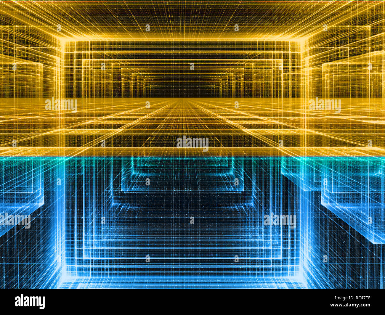 Blu e Oro - abstract generati con il computer 3d'illustrazione. Contemporanea arte digitale: tunnel o hall con vista prospettica e incandescente linee. F Foto Stock