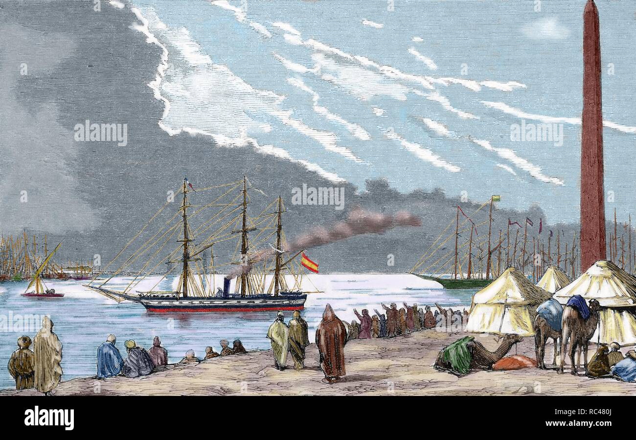 L'Egitto. La fregata spagnola "Berenguela' dal canale di Suez, la prima grande nave che effettuato ??il viaggio. Incisione colorata dal 1870. Foto Stock
