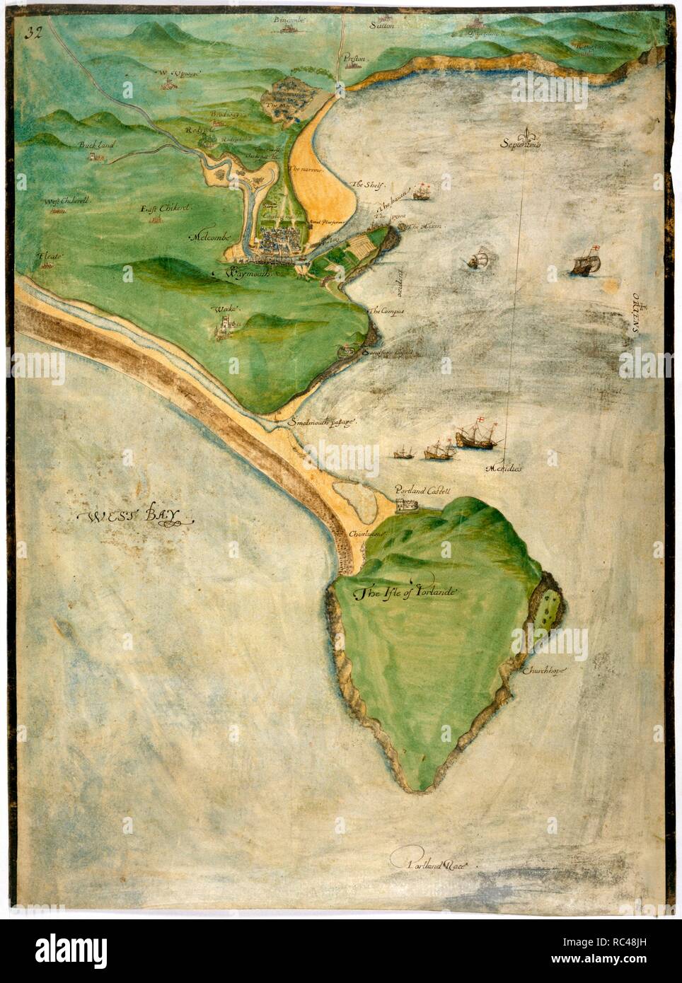 Un piano dell'isola di Portland e il litorale di Weymouth. In Inghilterra. Il XVI secolo. . Un piano di colore dell'isola di Portland e la Baia di Weymouth. In Inghilterra. Un piano di colore dell'isola di Portland e la Baia di Weymouth; disegnato su carta pergamena eventualmente da Robert Adams. Circa. 1580-1594. . Fonte: Cotone Augusto I. f.32. Foto Stock