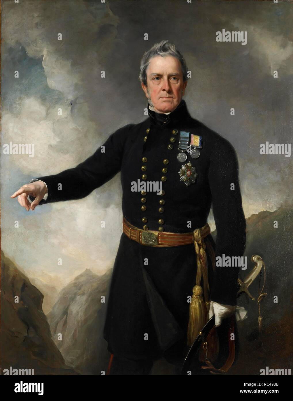 Lieutenant-General Sir George Pollock, G.C.B. H. Graves, 1857. Lieutenant-General Sir George Pollock, G.C.B. (1786-1872). A tre quarti di lunghezza verticale, bareheaded, il corpo leggermente girata verso sinistra, con il braccio destro sollevato. Egli indossa una veste blu scuro uniforme con tasti dorati e cinghia; sul suo petto sono la stella del bagno, l'India il servizio generale medaglia con quattro ganci e la medaglia di Kabul. Una gamma di montagne sullo sfondo. 56 da 44 ins (142 da 112 cms). Commissionato dalla East India Company 1856. Inciso: J.J. Chant, pubblicata H. Graves, 1857. . Fonte: Foster 139. Foto Stock