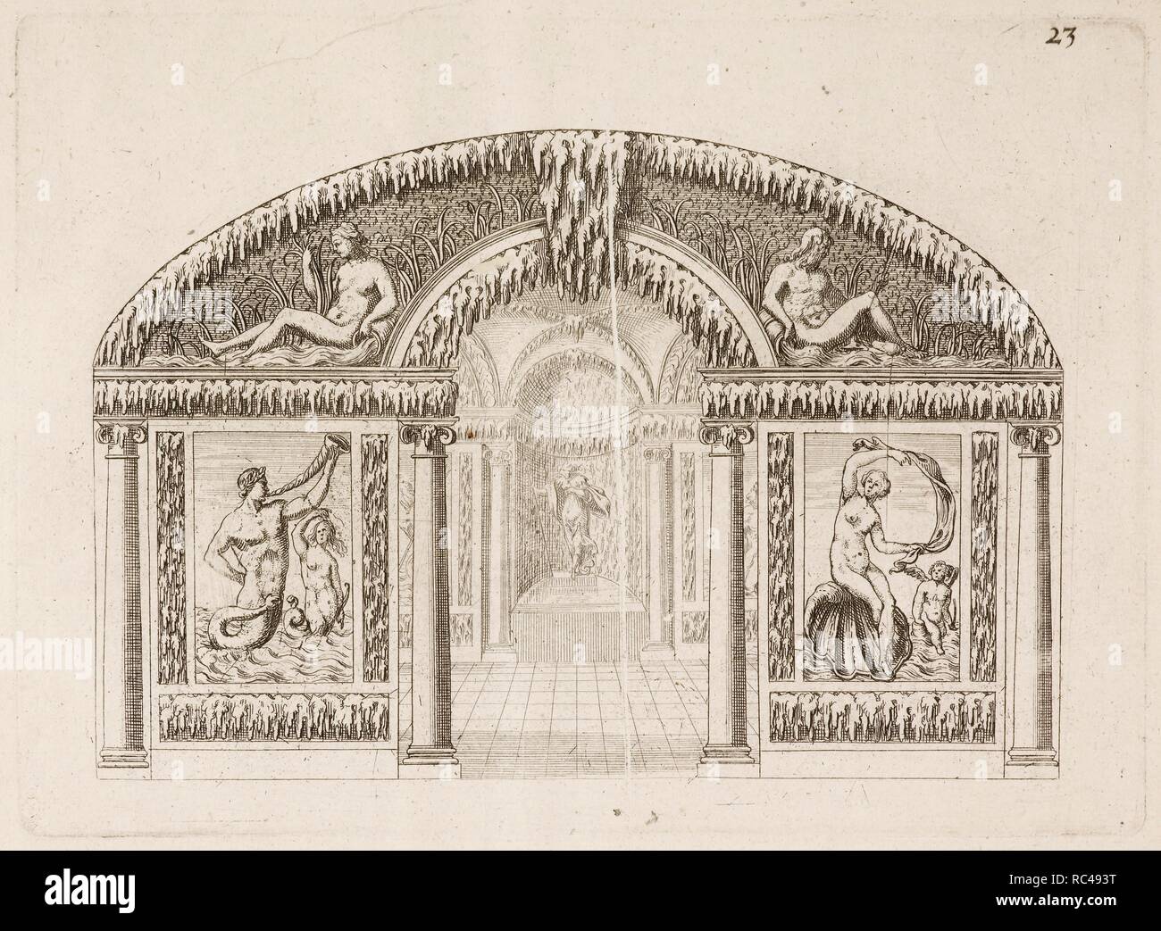Incisione di Wilton giardino. grotta. Statue, architettura classica. Fontana. Statue. La Grotta di Wilton House. Londra, 1564. Isaac de Caus. Fonte: 441.g.19 23. Foto Stock