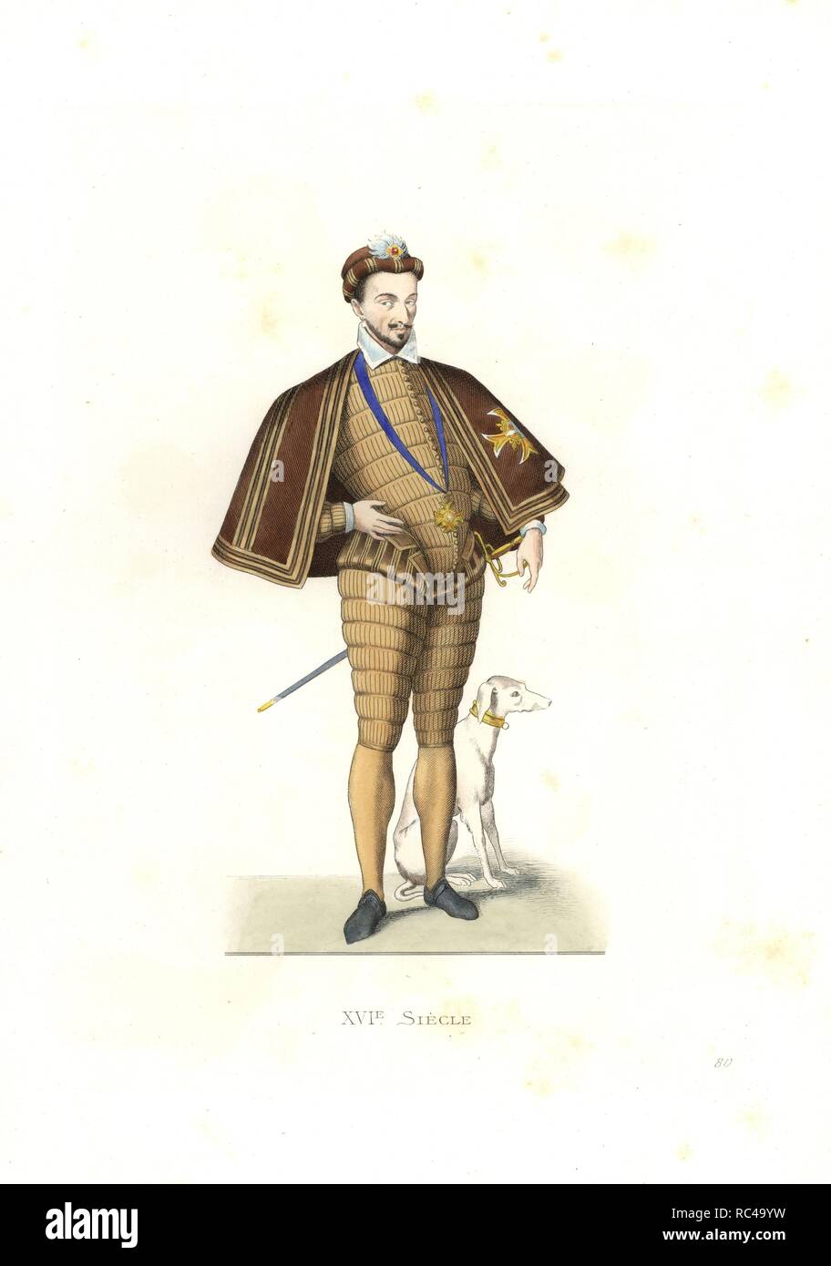 Il re Enrico III di Francia, XVI secolo, indossando il saliscendi blu dell'ordine di Saint Esprit. Sulla base di un dipinto del Louvre. Illustrazione Handcolored da E. Lechevallier-Chevignard, litografata da A. Didier, L. Flameng, F. Laguillermie, da Georges Duplessis 'costumi historiques des XVIe, XVIIe et XVIIIe siecles' (costumi storici del XVI, XVII e XVIII secolo), Parigi 1867. Il libro è stata una continuazione della serie sui costumi dei secoli XII-XV pubblicato da Camille Bonnard e Paolo Mercuri dal 1830. Georges Duplessis (1834-1899) è stato Curatore delle stampe partono Foto Stock