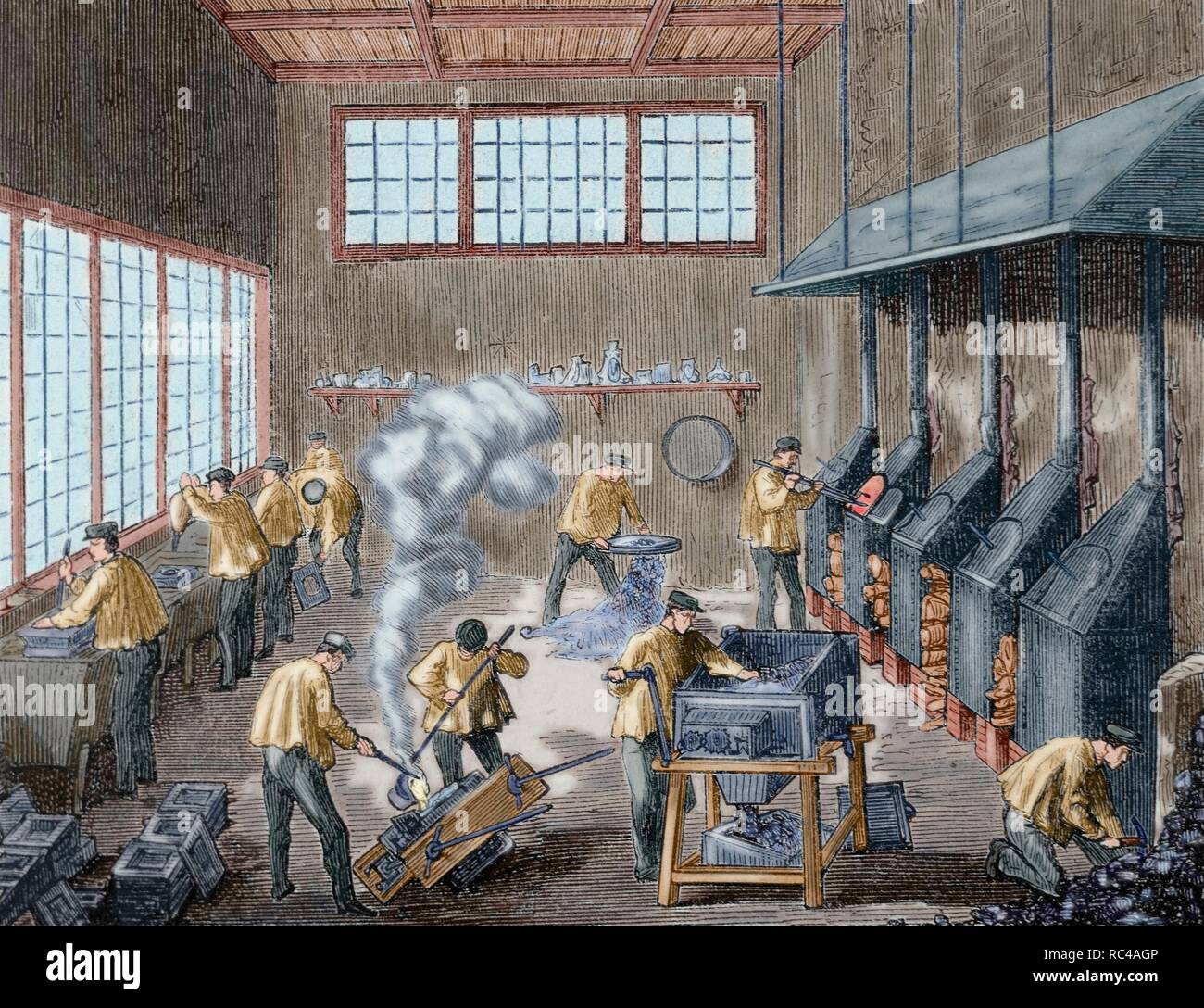 Spagna. Colata di metallo fabbrica fondata da Leoncio Meneses, denominato 'Silver Meneses'. Lavoratori che lavorano sulla camera di colata. Incisione di Urrabieta in 'La Ilustracio n Espan ola y Americana ", 1872. Colorati. Foto Stock