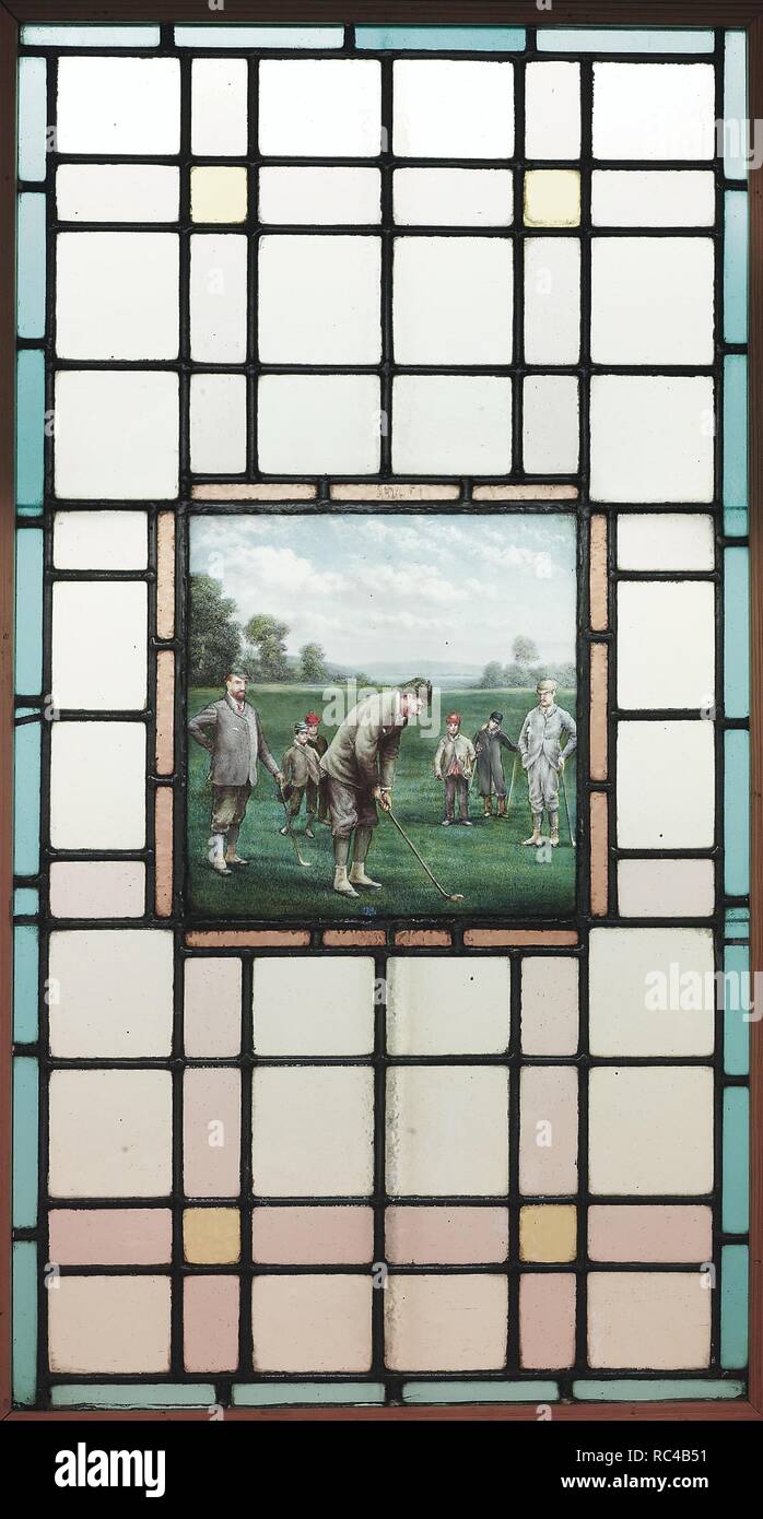 Un tardo vittoriana di vetro piombato finestra con i golfisti. Museo: Collezione privata. Autore: Brock, Charles Edmund. Foto Stock