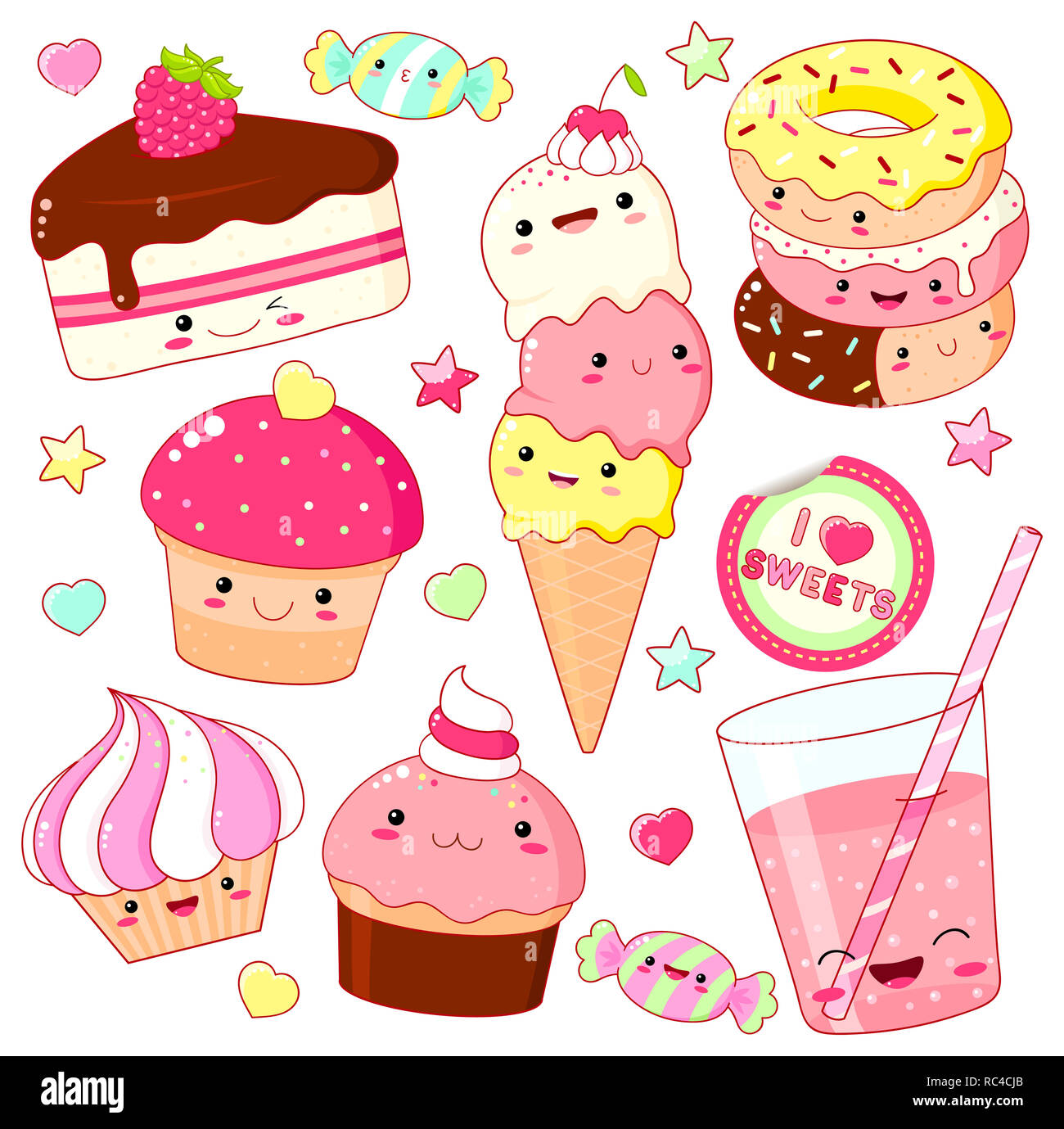 Set di carino dolce icone in stile kawaii con volto sorridente e guance rosa per il dolce design. Adesivo con iscrizione così carino. Ice Cream, candy, ciambella, Foto Stock