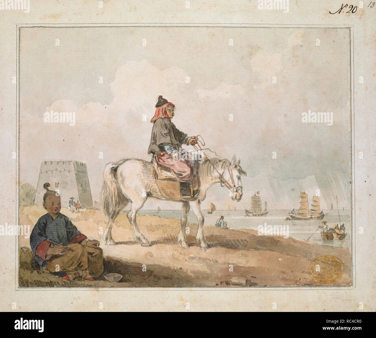 Un Cinese a cavallo vestiti fuori per una tempesta". Cavaliere indossa un mantello e di un cruscotto sotto il suo cappello di profilo a destra, con la donna seduta sul terreno di mangiare da una ciotola in primo piano e le navi a vela, chiatte e il fiume in background. Incollato sul monte con washline. [Una raccolta di ottanta viste, mappe, ritratti e disegni illustrativi dell'Ambasciata ha inviato in Cina sotto George, Conte di Macartney, nel 1793; disegnato principalmente da William Alexander, alcuni da Sir John Barrow, Bart., alcuni da Sir Henry Woodbine parrocchia e uno da William Gomm. Molti di loro sono incisi nel Sir George Staunton's Foto Stock