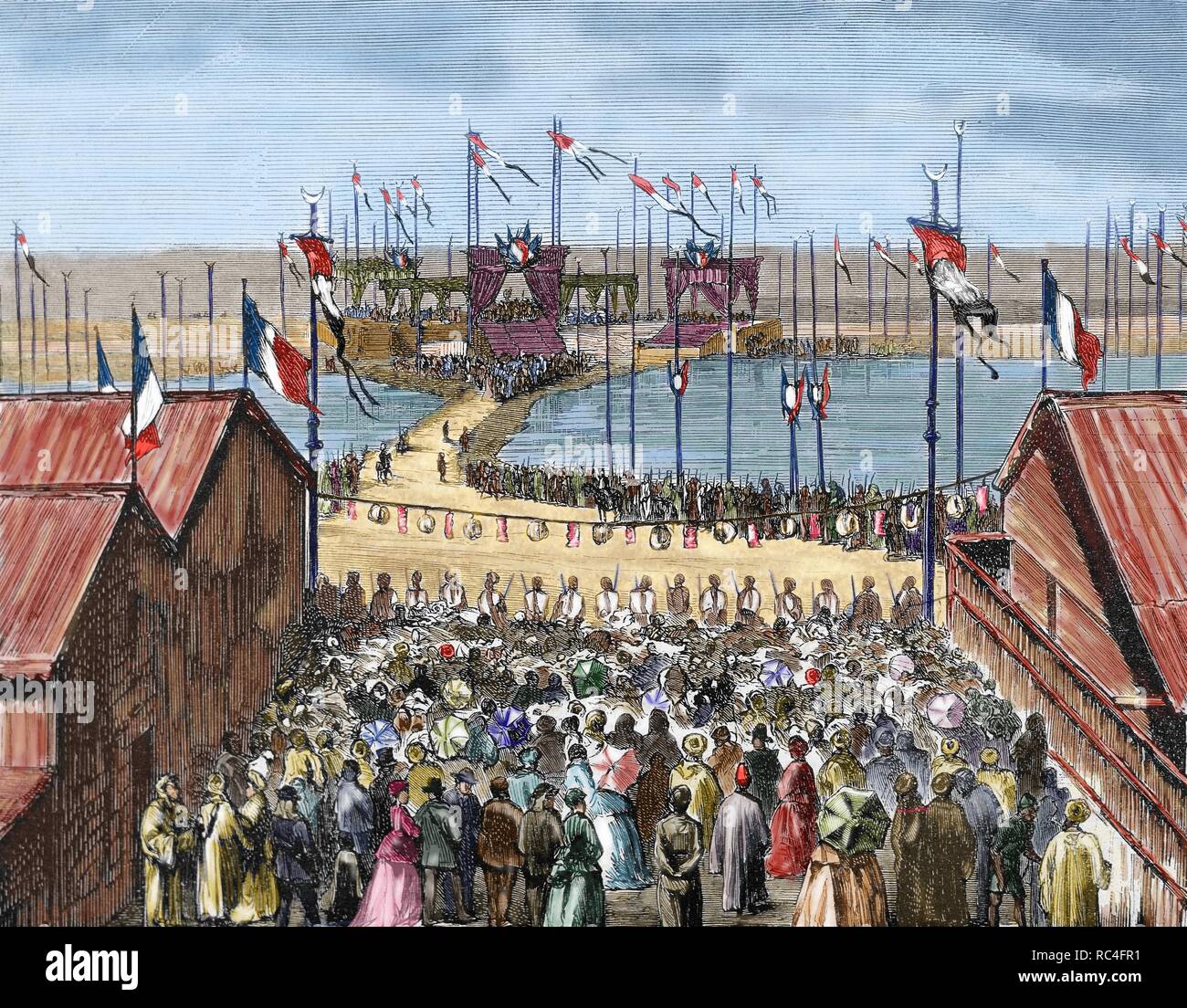 L'Egitto. Istmo di Suez. La benedizione del Canale di Suez a Port Said. Incisione colorata dal 1870. Foto Stock