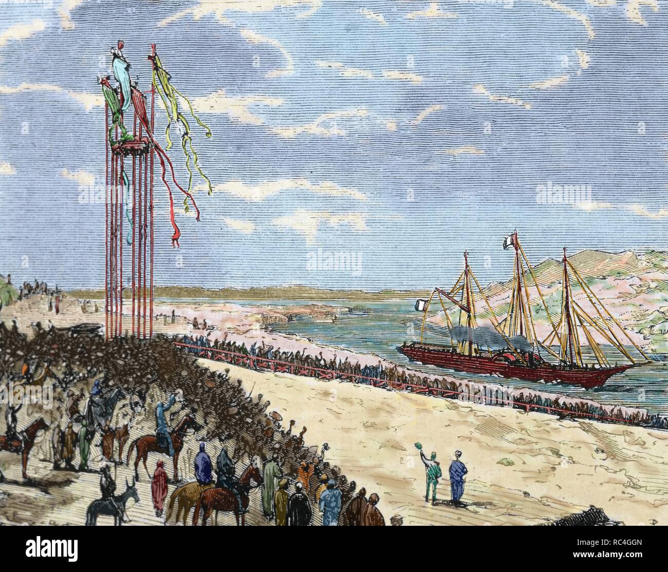 L'Egitto. Istmo di Suez. Arrivo del " Eagle " a Ismai¨lia. Incisione colorata dal 1870. Foto Stock